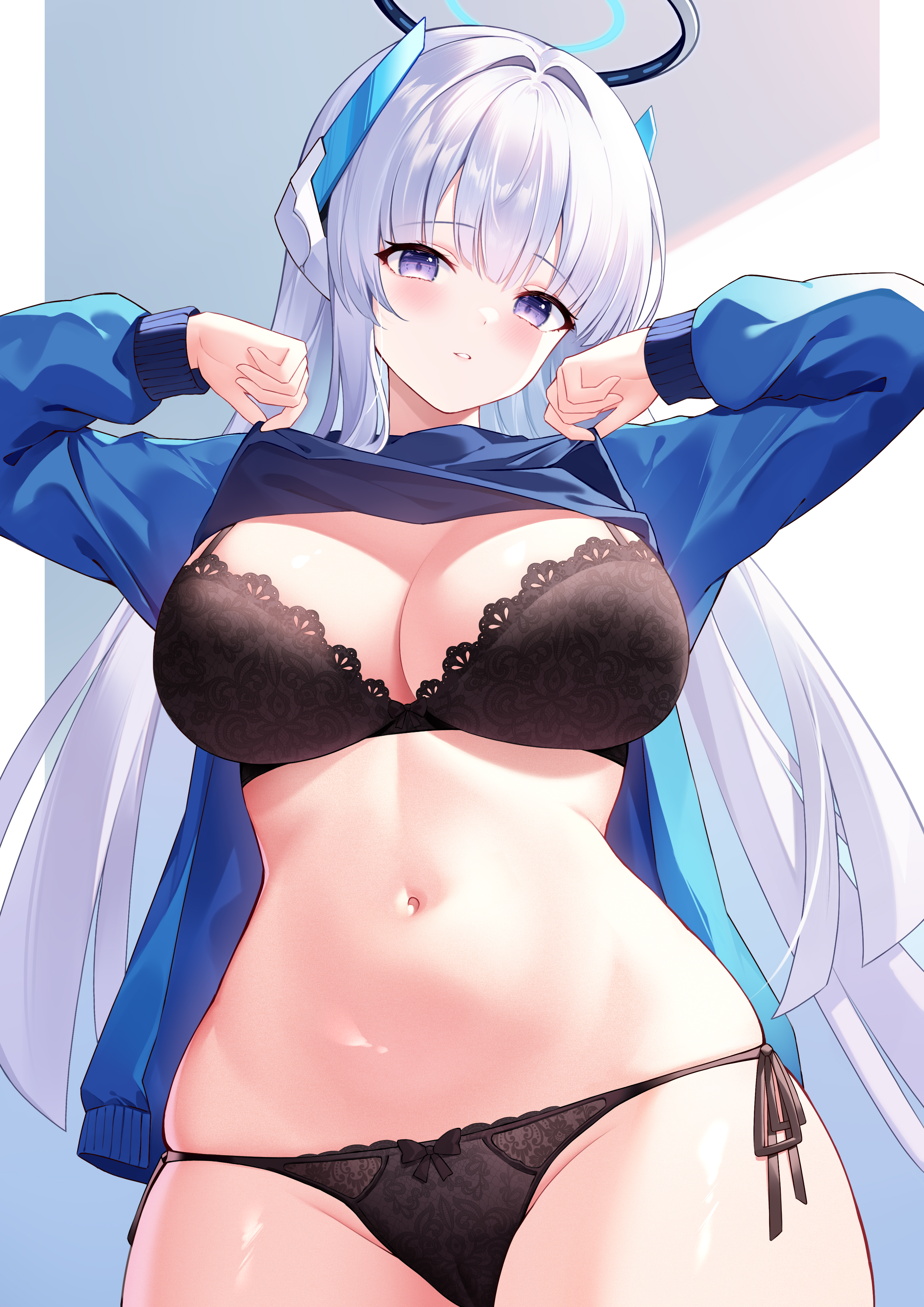 Anime 2894x4093 Blue Archive anime girls blue eyes Ushio Noa cameltoe long hair looking at viewer blushing portrait display underwear black underwear shan far lifting shirt lifting clothes huge breasts cleavage silver hair purple eyes blue jacket parted lips hair between eyes jacket