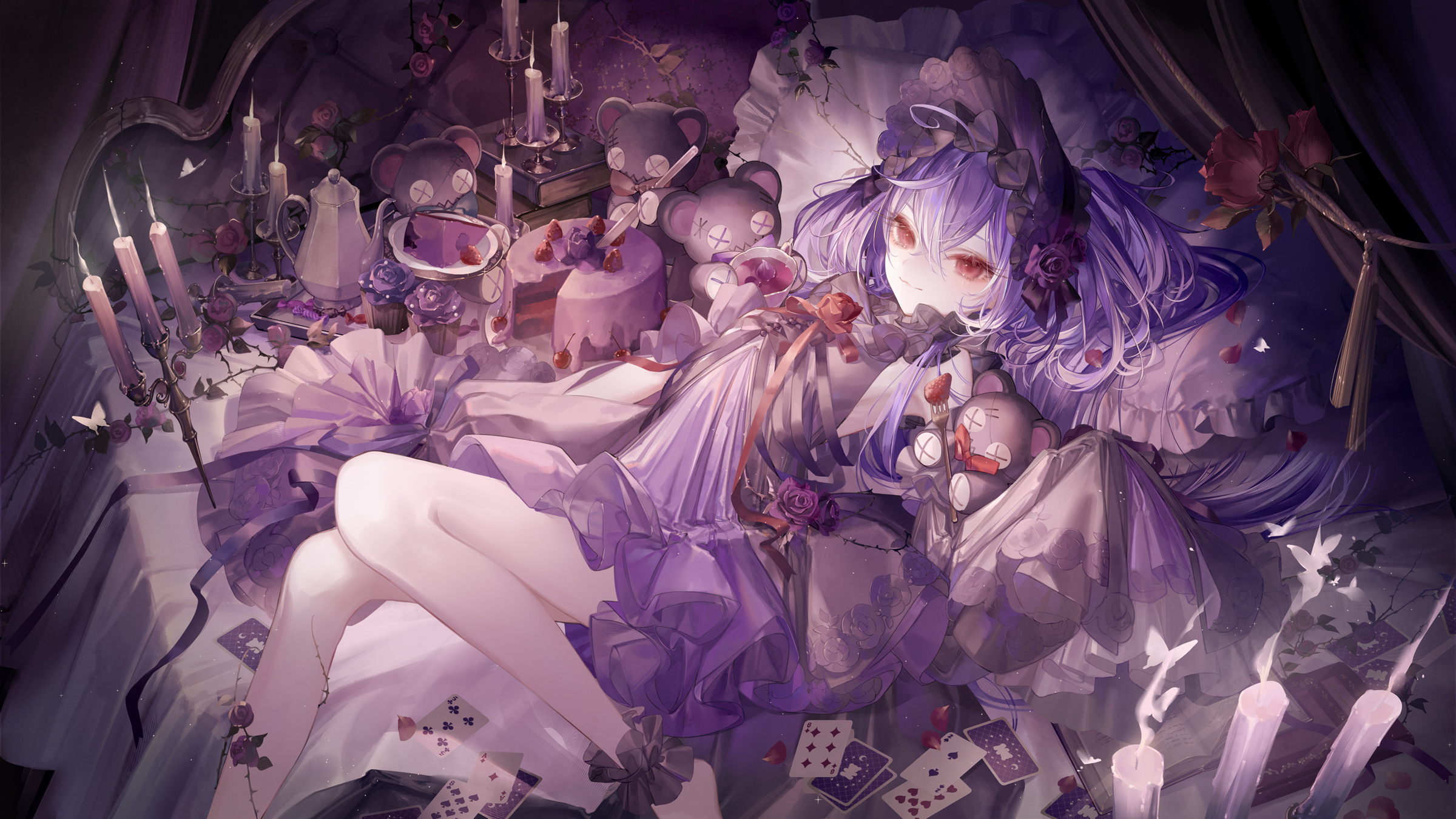 Anime 2400x1350 anime anime girls 774 inc Virtual Youtuber Yoggi Shisui Kiki looking at viewer candles hair between eyes long hair lying down lying on back cake knife cards closed mouth smiling tray sweets candy cupcakes purple hair flower in hair books lolita fashion bent legs petals pillow cup drink in bed bed frills butterfly insect