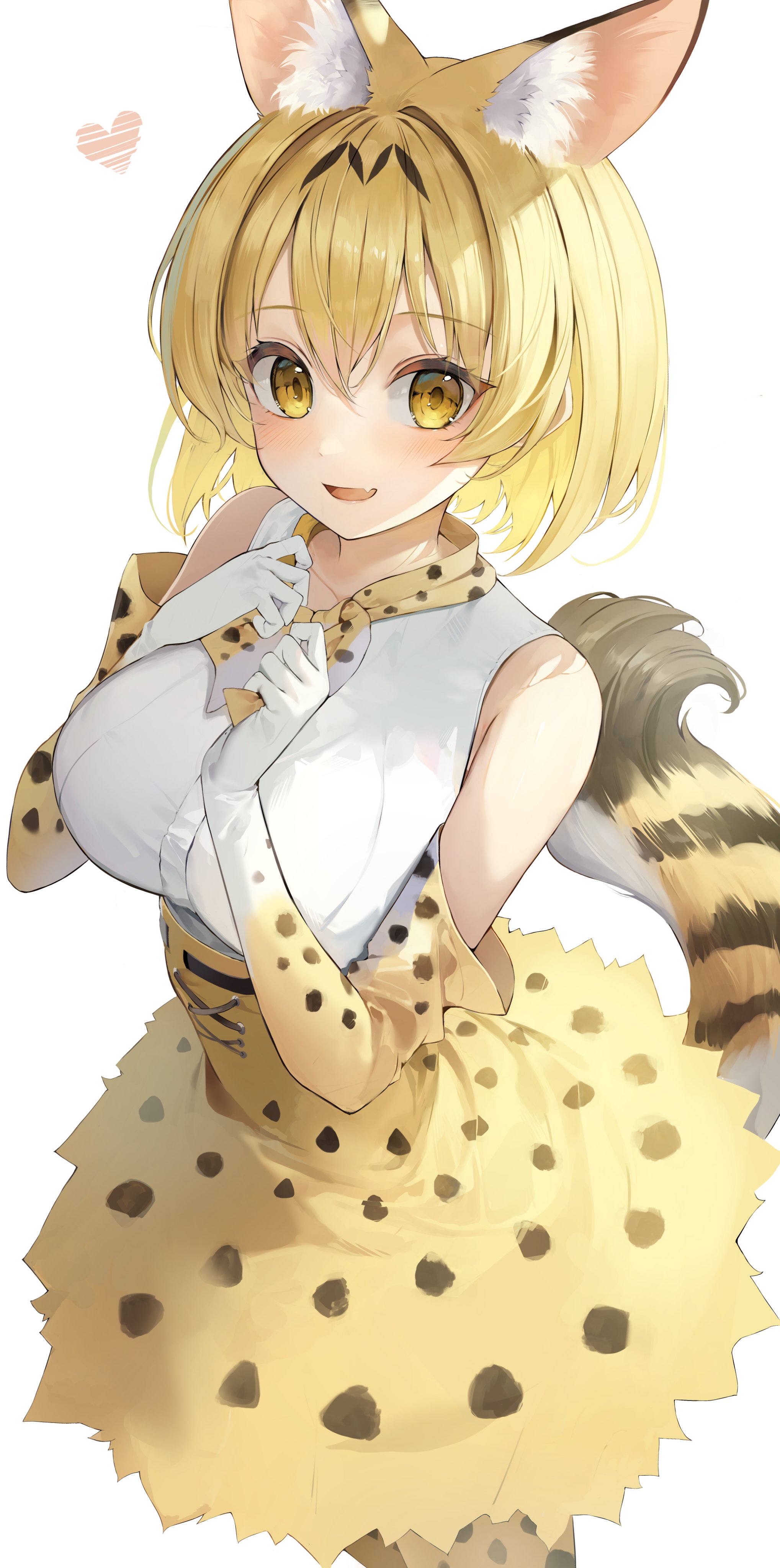 Anime 2037x4096 anime anime girls Serval (Kemono Friends) Kemono Friends blonde yellow eyes animal ears gloves elbow gloves white background heart portrait display skirt simple background tail norankkori standing looking at viewer short hair parted lips bare shoulders hair between eyes gradient