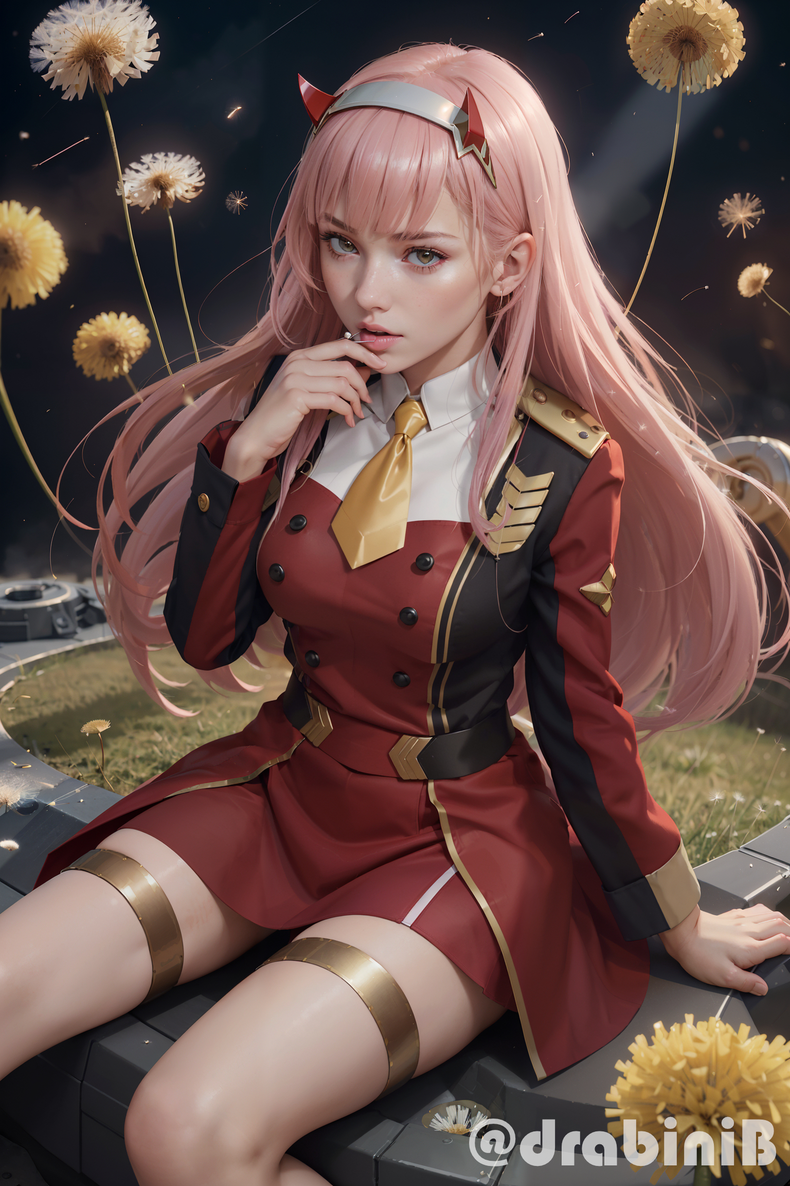 Anime 1536x2304 Stable Diffusion AI art women pink hair necktie flowers Zero Two (Darling in the FranXX) Darling in the FranXX outfits looking at viewer portrait display anime girls watermarked digital art long hair sitting parted lips