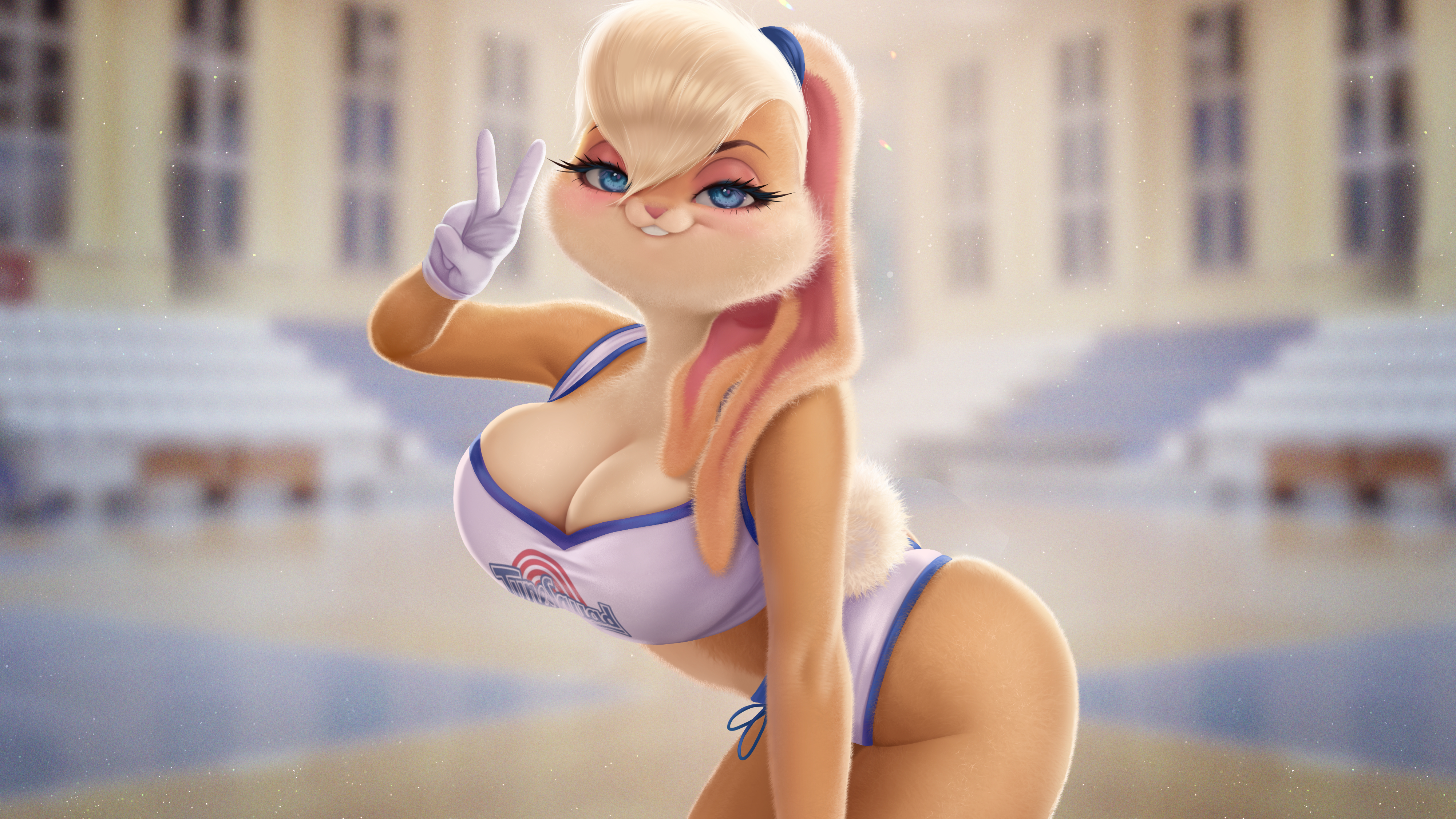General 4000x2250 Prywinko Lola Bunny basketball court furry big boobs Looney Tunes shorts gloves victory sign blue eyes looking at viewer scrunchy cleavage blushing Space Jam bunny girl bunny ears bunny tail digital art Anthro
