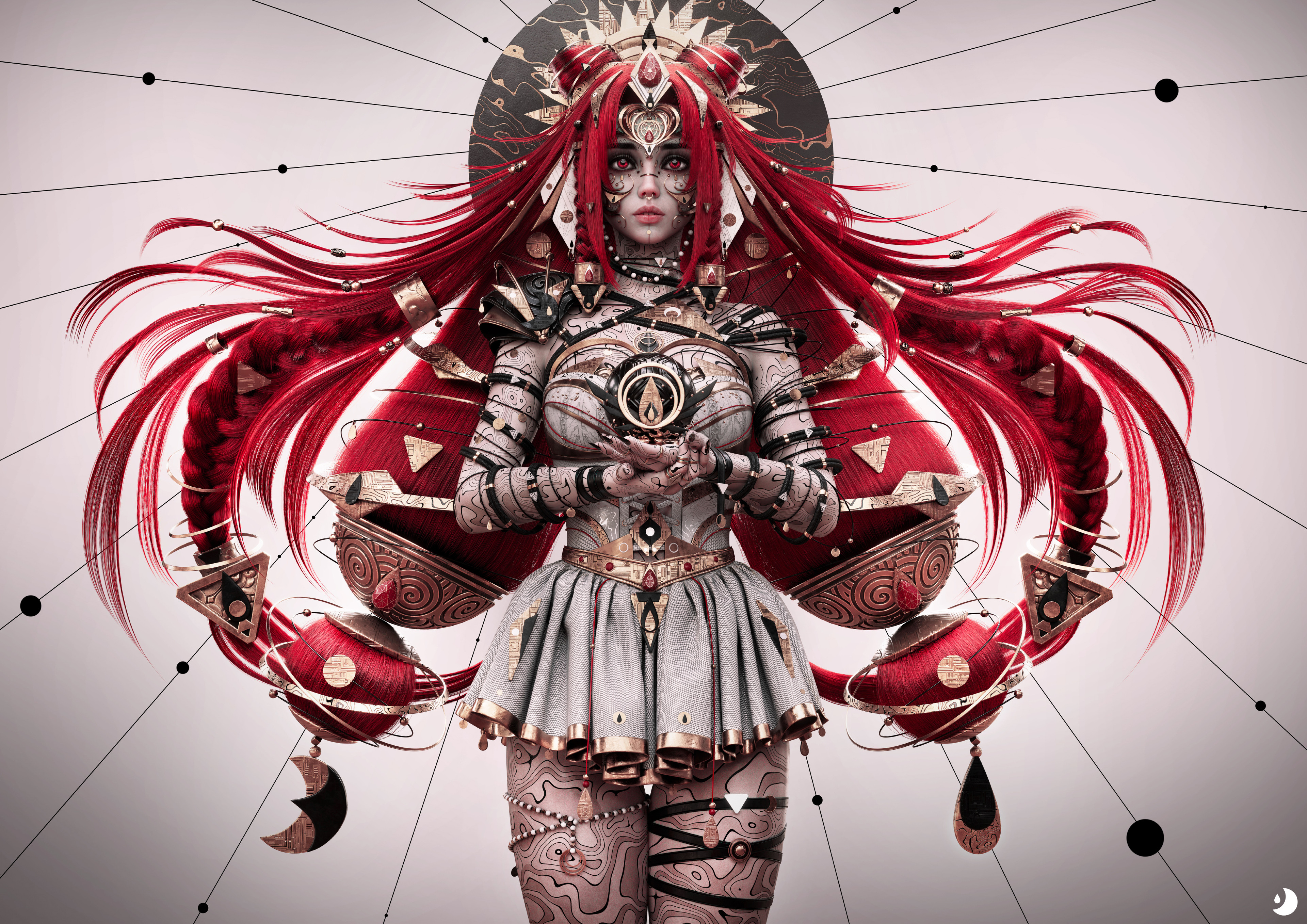 General 3840x2715 Dylan Kowalski CGI women mechanical doll red eyes straps spiderwebs digital art looking at viewer long hair parted lips redhead frills