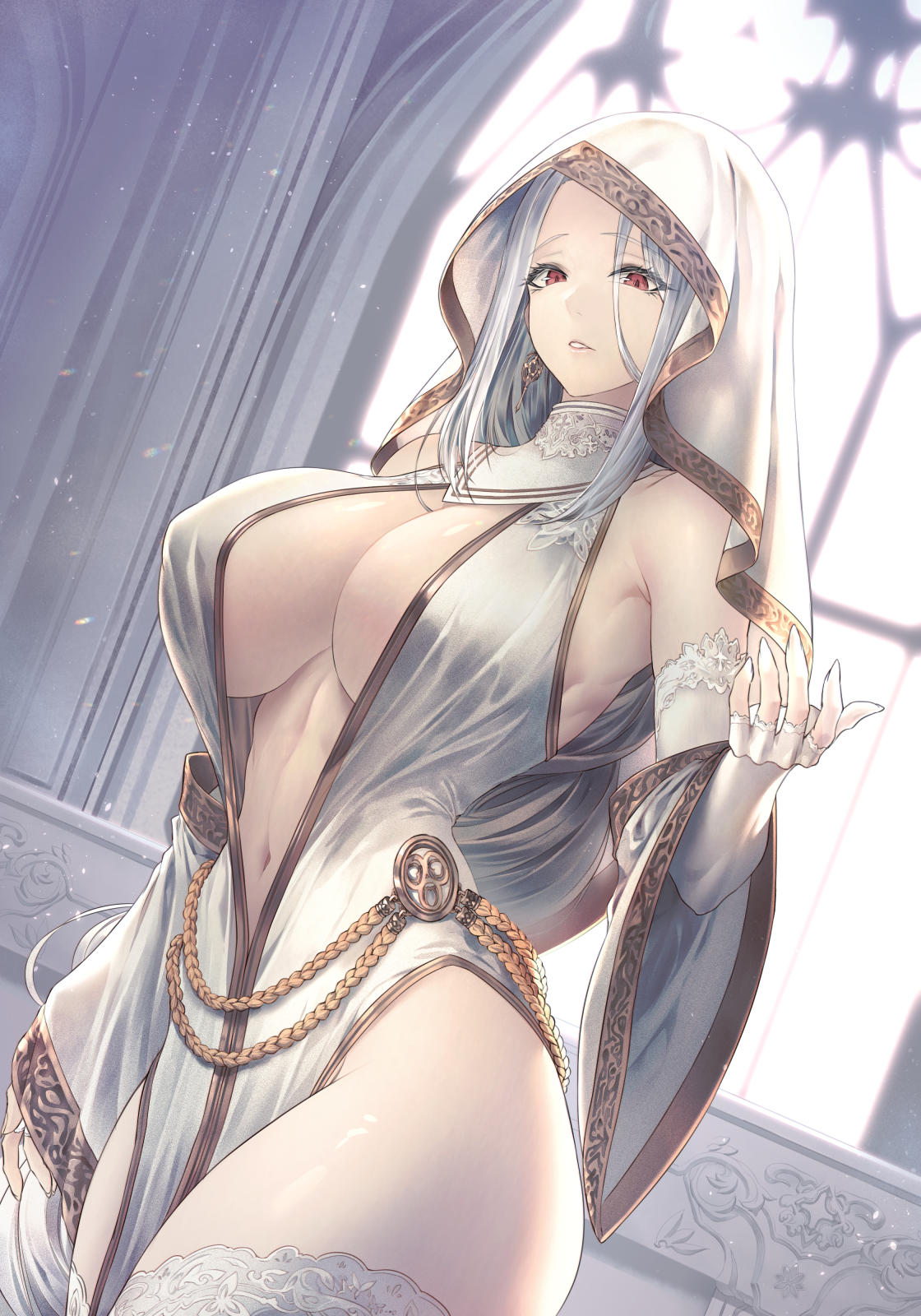 Anime 1120x1600 anime girls huge breasts portrait display red eyes white hair white gloves white dress parted lips bare shoulders thighs looking at viewer veils stockings white stockings elbow gloves long sleeves LimeSaurus thigh-highs cleavage fingerless gloves women indoors long hair standing belly button wide sleeves gloves
