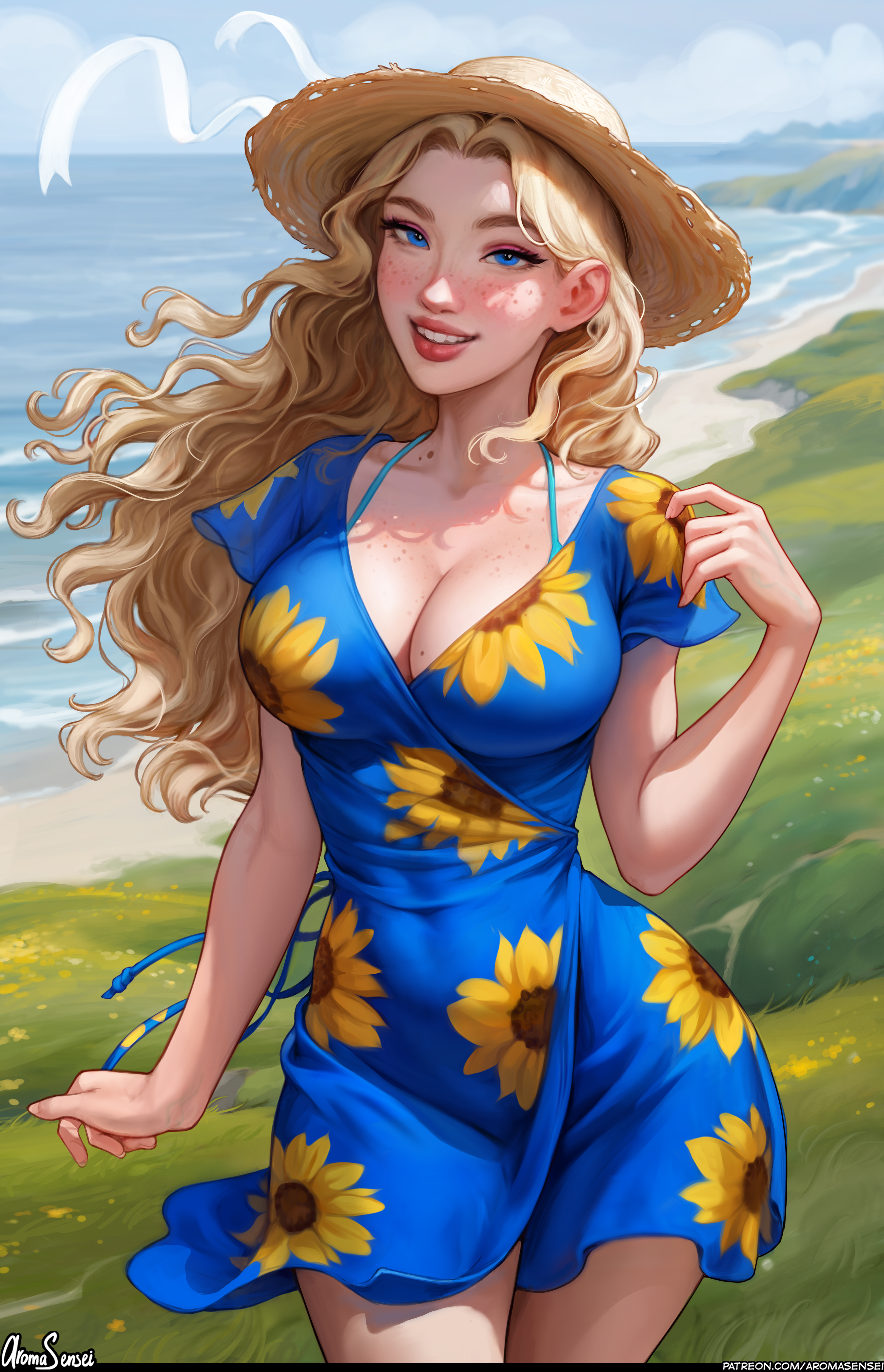 General 3223x5000 Haley (Stardew Valley) Stardew Valley video game girls blonde artwork drawing fan art Aroma Sensei cleavage dress blue eyes big boobs hat women with hats standing smiling outdoors women outdoors video games sunlight collarbone long hair signature water looking at viewer skinny hair blowing in the wind wind portrait display
