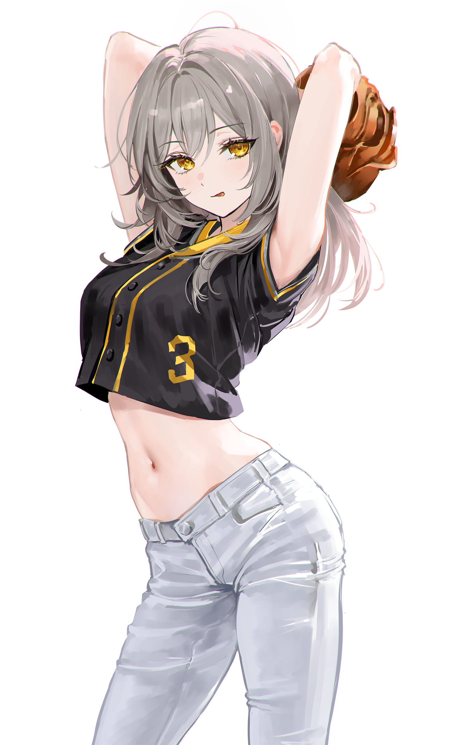Anime 1498x2463 Honkai: Star Rail artwork Stelle (Honkai:Star Rail) anime anime girls gray hair yellow eyes baseball glove belly baseball shirt pants belly button tongue out portrait display Rity (artist) tongues white background hips simple background looking at viewer arms up armpits minimalism