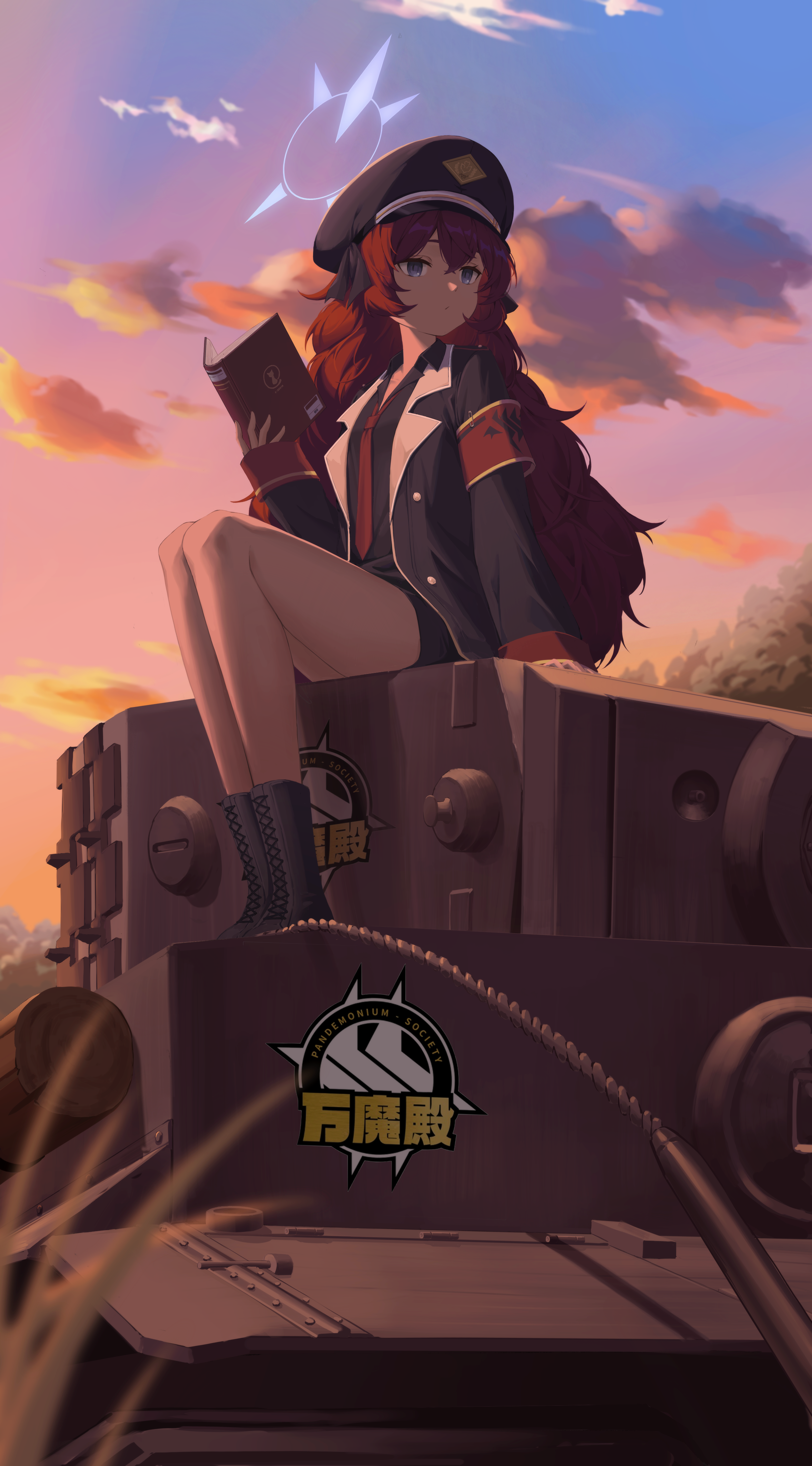 Anime 2355x4251 anime anime girls Blue Archive looking away Natsume Iroha (Blue Archive) Gaoqiaoyuyin Takahashi portrait display redhead hair between eyes clouds blue eyes closed mouth long hair bent legs boots sky sunset sunset glow sunlight sitting tie tank uniform book in hand books orange sky outdoors women outdoors