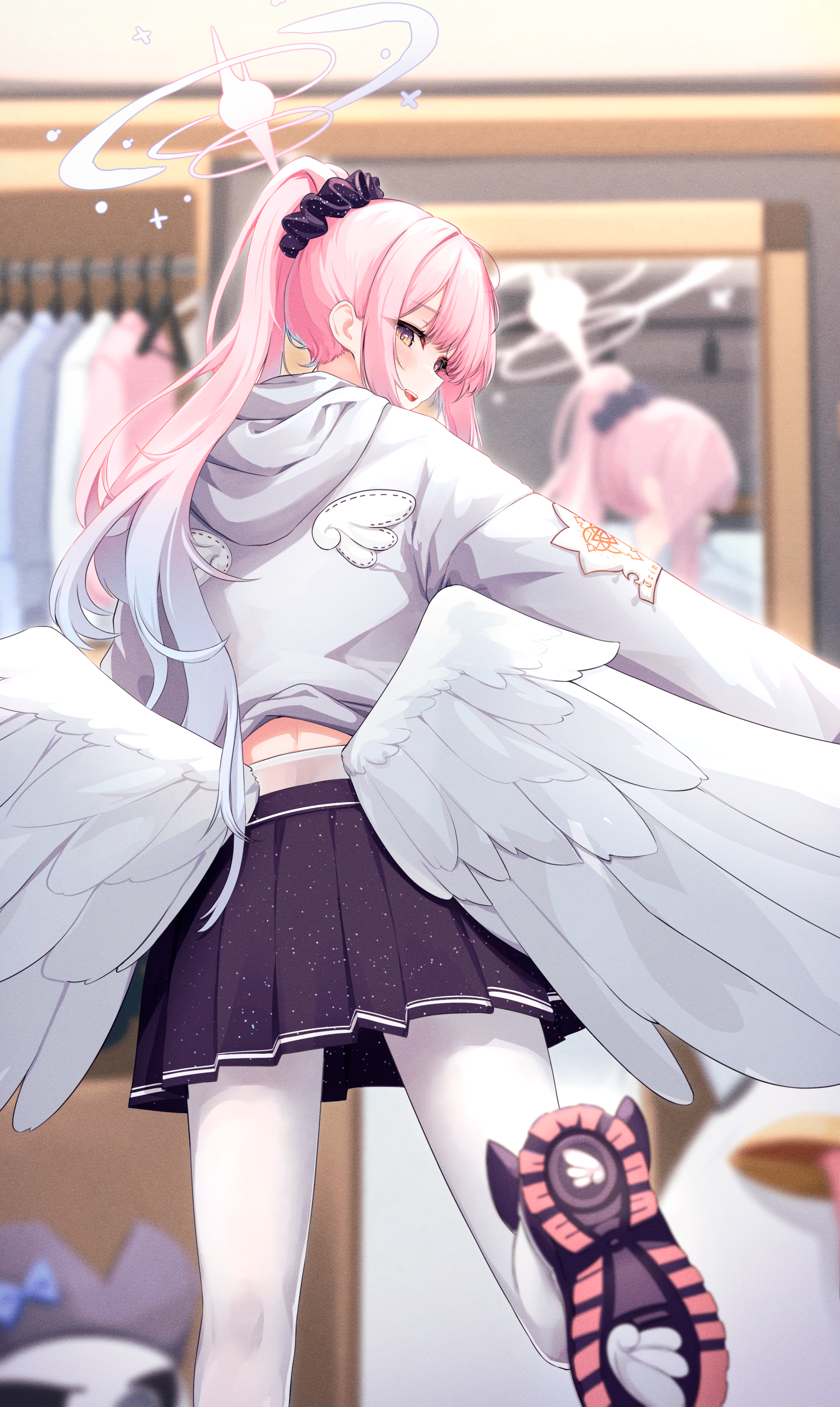 Anime 1623x2717 anime anime girls Misono Mika Blue Archive DARAN9 portrait display looking back ponytail looking at viewer wings anime girl with wings shoes shoe sole reflection mirror clothes skirt standing pink hair yellow eyes jacket frills blurry background blurred blushing long hair hanger standing on one leg hoods