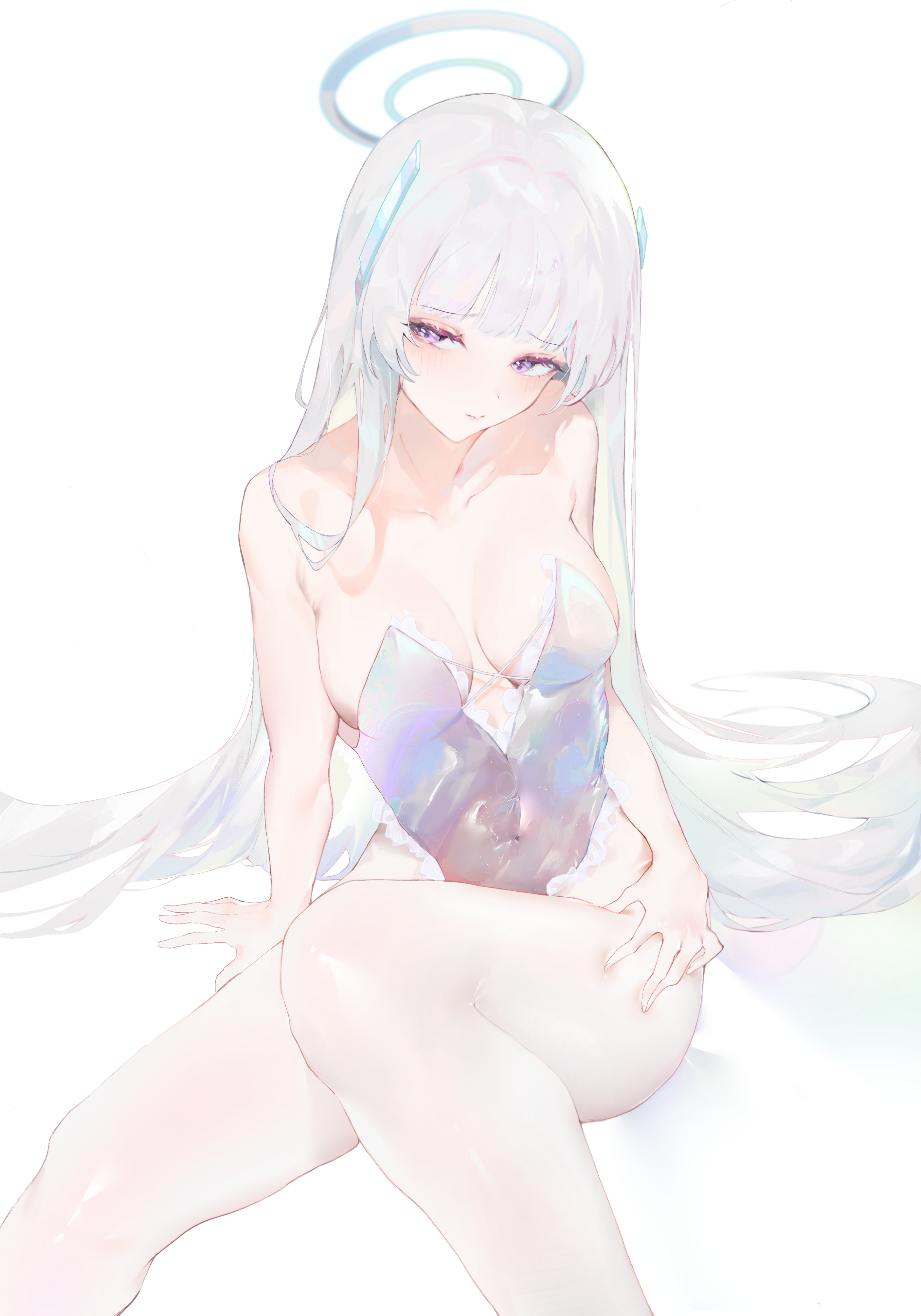 Anime 2814x4020 anime anime girls white background sitting hands on hips cleavage bare shoulders off shoulder Blue Archive Ushio Noa RAEl simple background minimalism big boobs collarbone long hair bangs closed mouth white hair purple eyes leotard looking at viewer