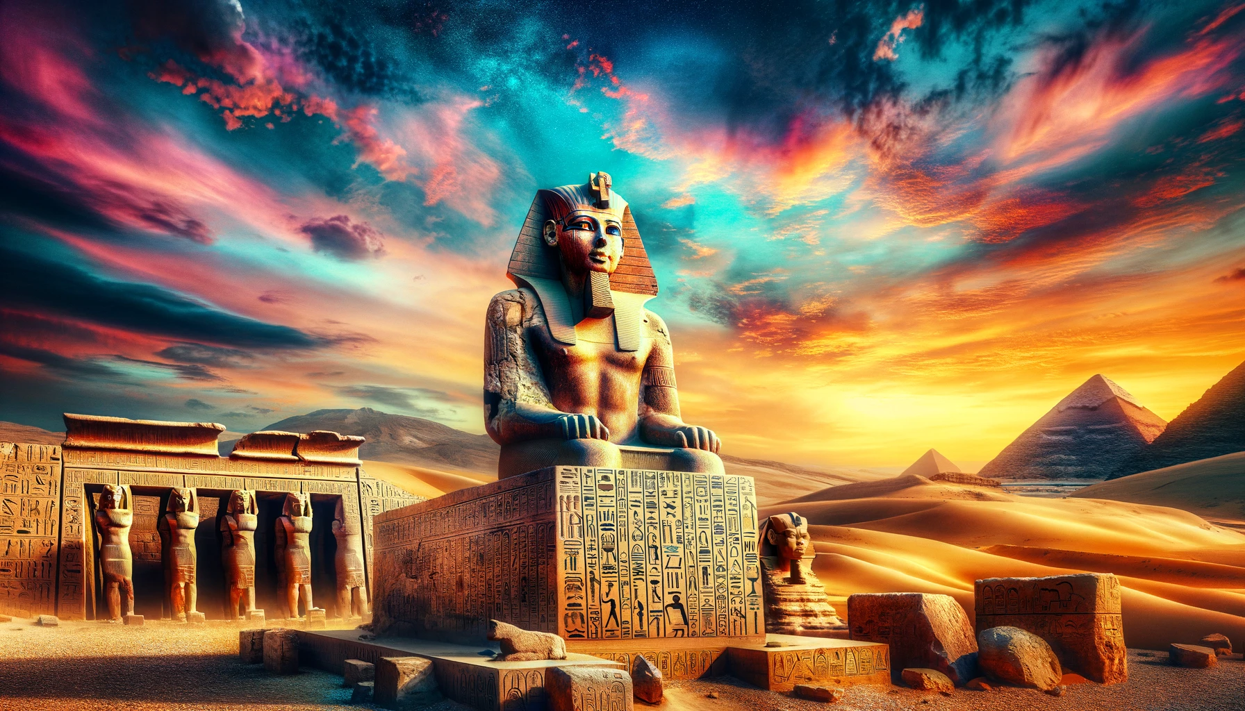 General 1792x1024 Egypt history AI art Pharaoh digital art pyramid clouds sky statue sand colorful sunlight