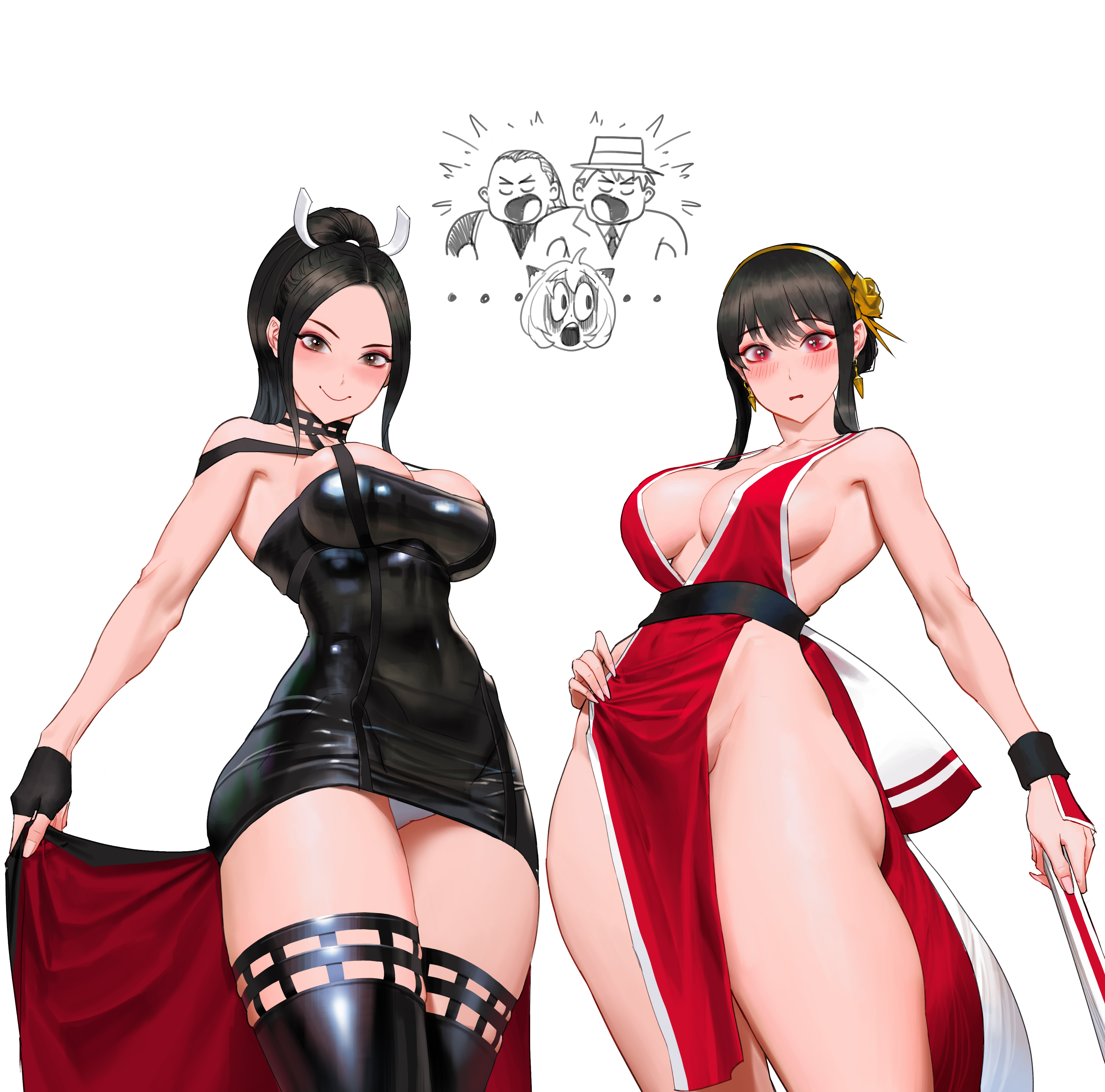 Anime 4048x4000 Spy x Family Wonbin Lee Fatal Fury two women King of Fighters cosplay Yor Forger tight clothing black dress Mai Shiranui looking at viewer dress crossover parted lips pantsu shot big boobs simple background thighs white background panties white panties underwear white underwear hairband stockings black stockings black eyes open mouth red eyes Japanese clothes cleavage hair ornament fans no bra nopan