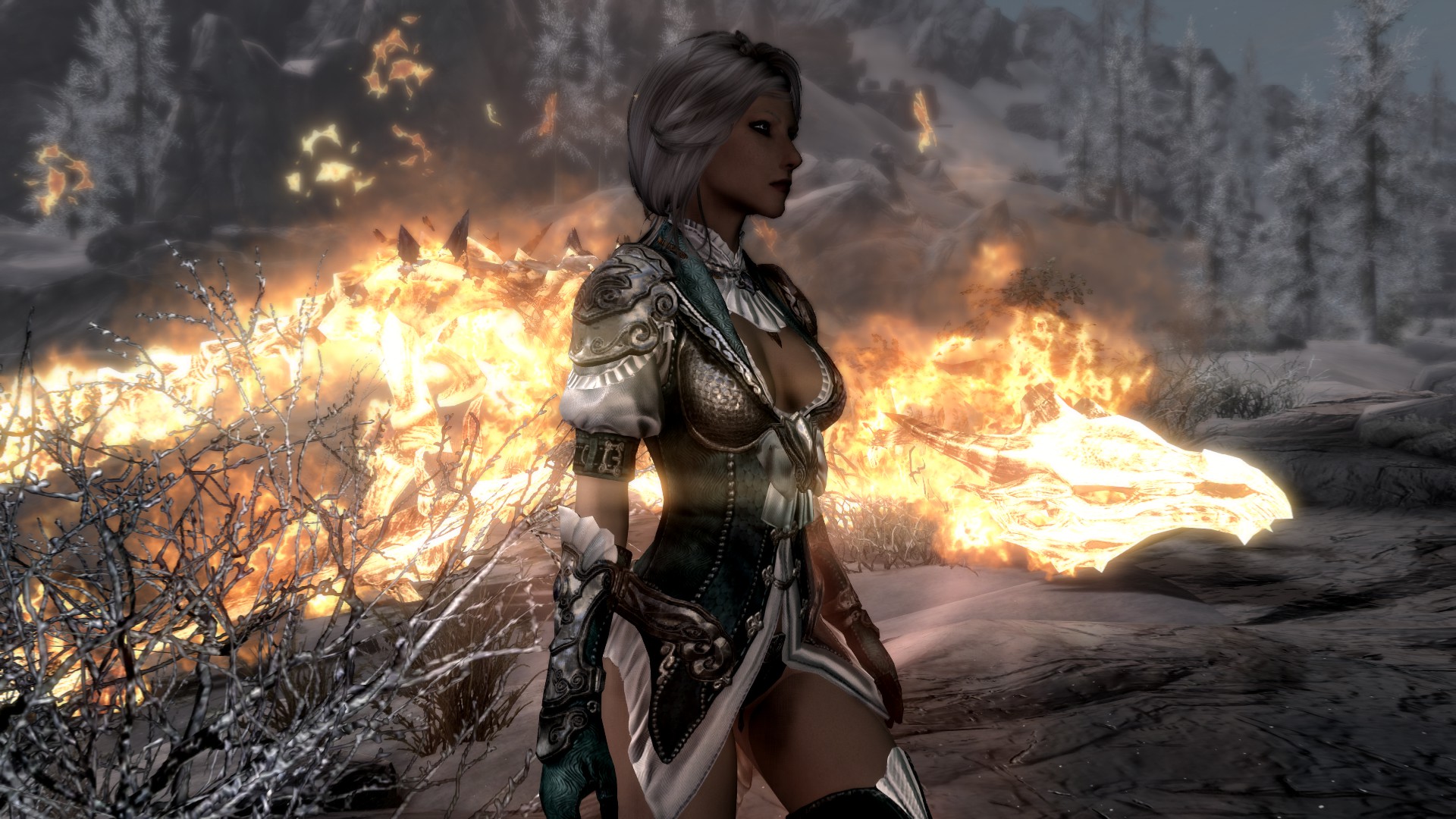 General 1920x1080 The Elder Scrolls V: Skyrim video games dragonborn video game characters CGI video game art screen shot looking away sideboob video game girls standing fire dragon trees closed mouth depth of field
