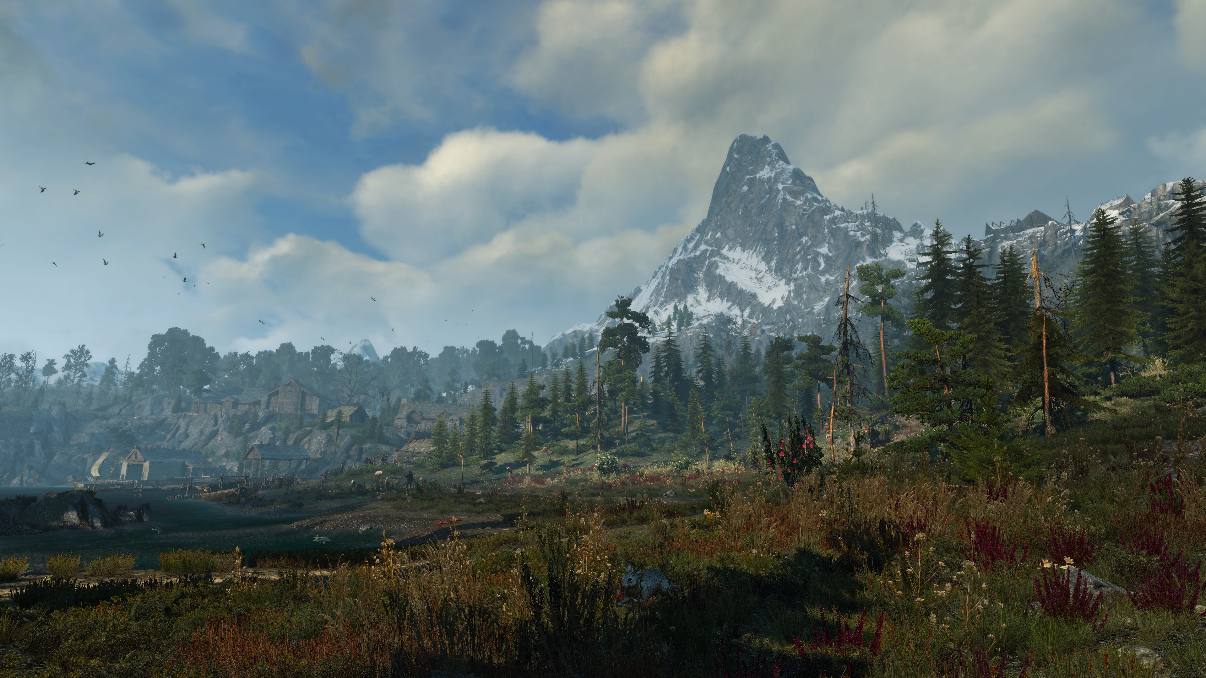 General 3840x2160 The Witcher 3: Wild Hunt screen shot PC gaming Skellige mountains forest landscape video game art clouds video games trees snowy mountain water outdoors sky snow CGI nature rabbits animals