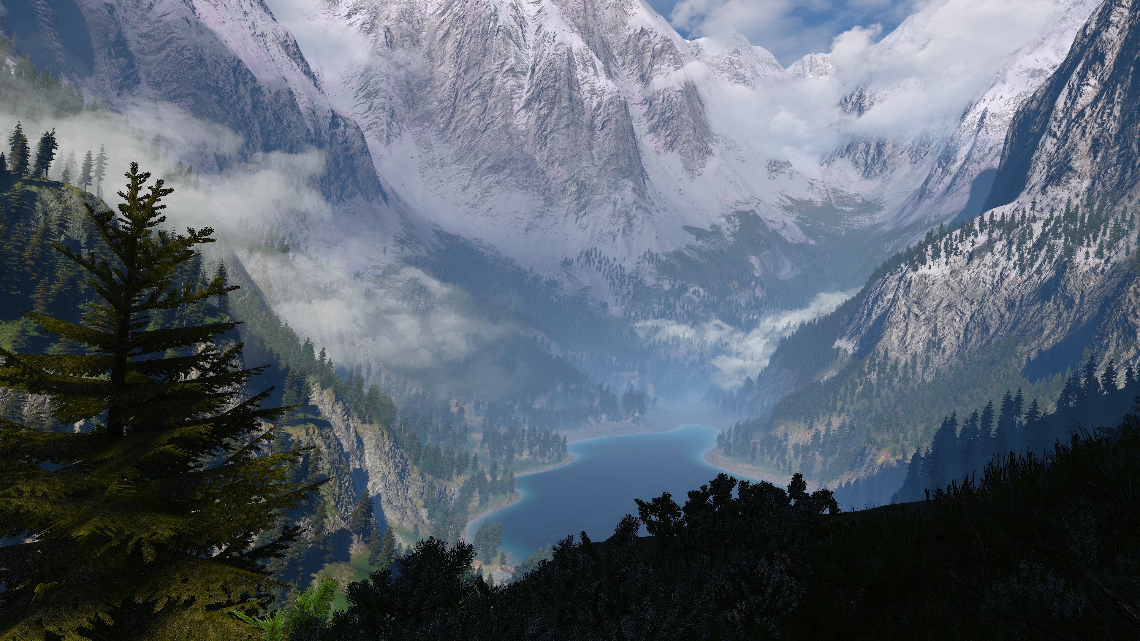 General 3840x2160 The Witcher 3: Wild Hunt PC gaming screen shot mountains lake clouds rocks valley video game art water video games trees snow landscape CGI snowy mountain nature