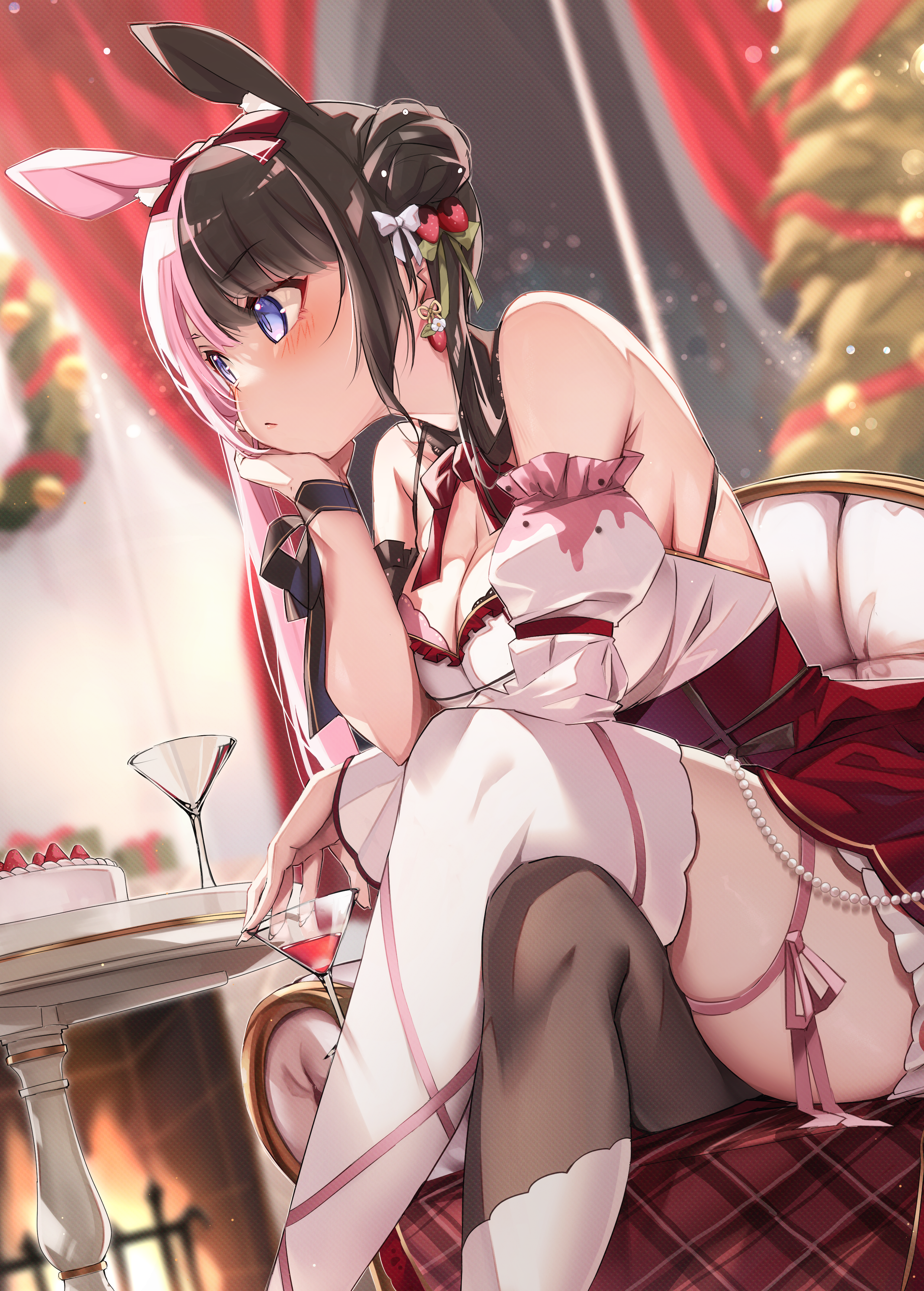 Anime 2864x4000 anime anime girls Virtual eSports Project (VSPO!) Virtual Youtuber Ruo19 Tachibana Hinano sitting resting head blushing looking away blue eyes bent legs stockings mismatched stockings cake table strawberries portrait display earring closed mouth cleavage bare shoulders drink two tone hair bunny ears animal ears leg ring drinking glass fireplace hairbun Christmas Christmas tree fruit hair ornament hair bows indoors women indoors