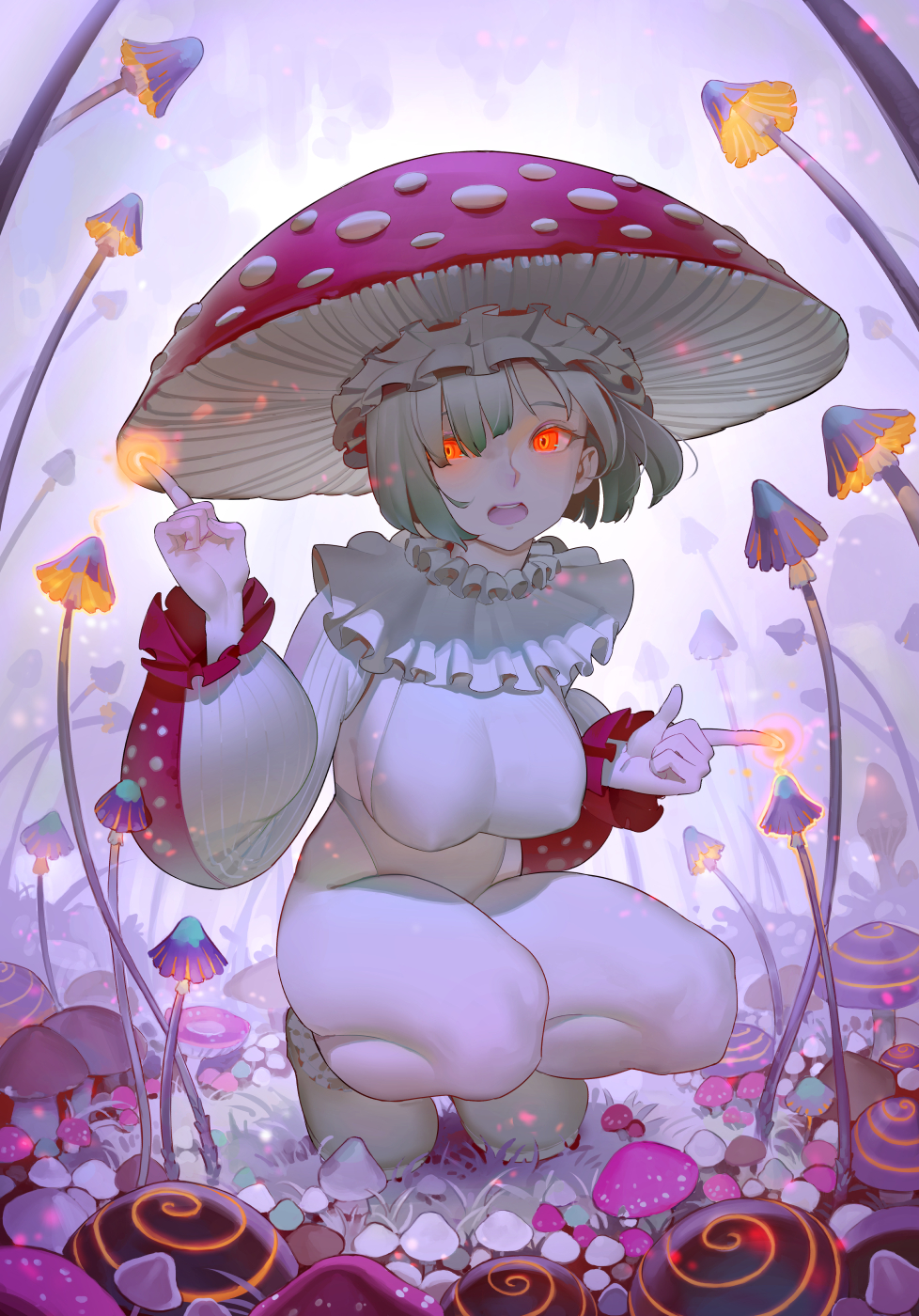 Anime 978x1400 Timbougami anime anime girls hard nipples mushroom red eyes fungus short hair open mouth squatting huge breasts hat portrait display bent legs sideboob thighs ground nature grass looking away frills puffy sleeves