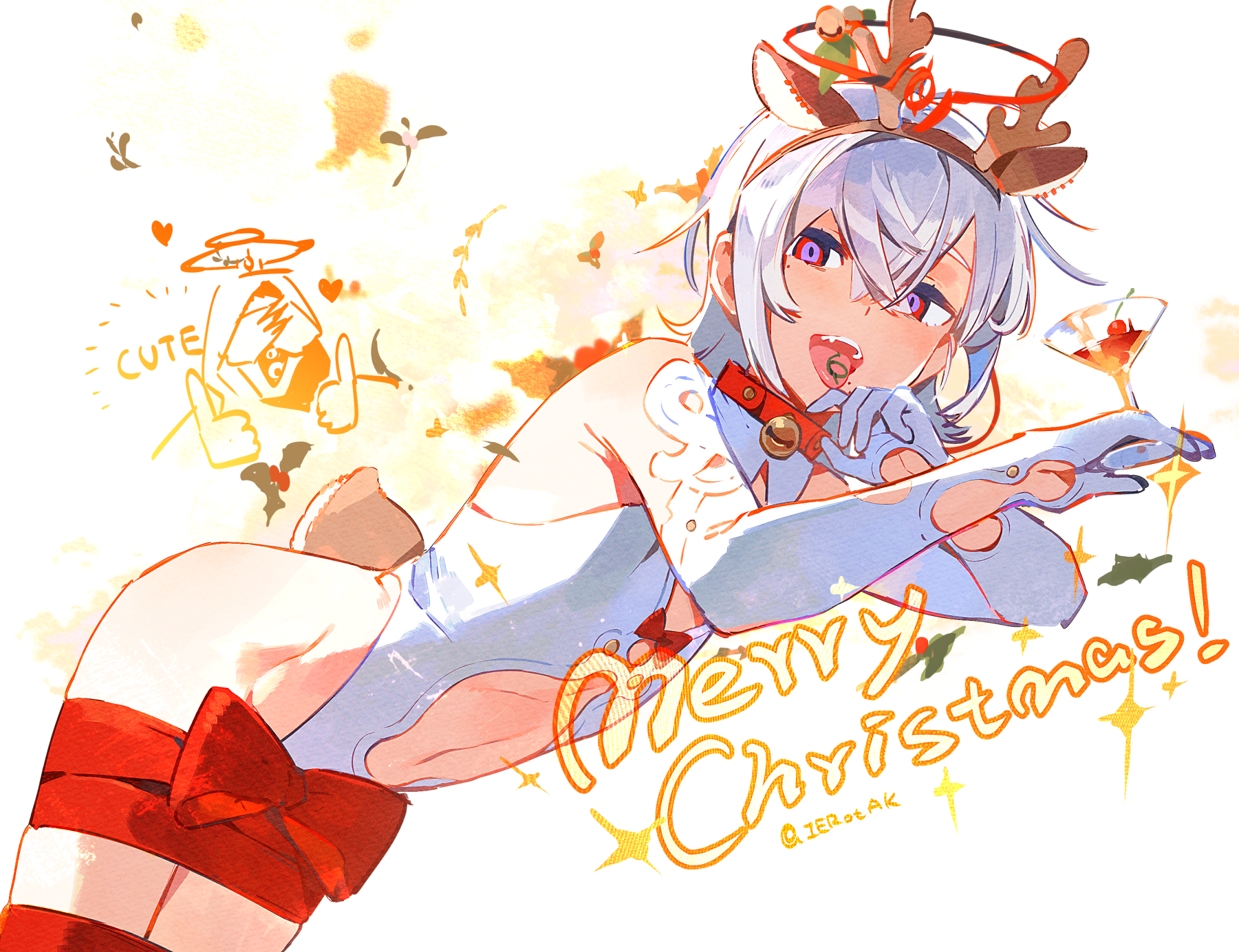 Anime 1801x1385 anime anime boys cocktails tongue out Christmas IERotAK lying down lying on front hair between eyes smiling open mouth tongues elbow gloves gloves watermarked thighs white hair collar looking at viewer bells simple background drink exclamation mark stars thumbs up heart antlers drinking glass slim body skinny tail femboy teeth