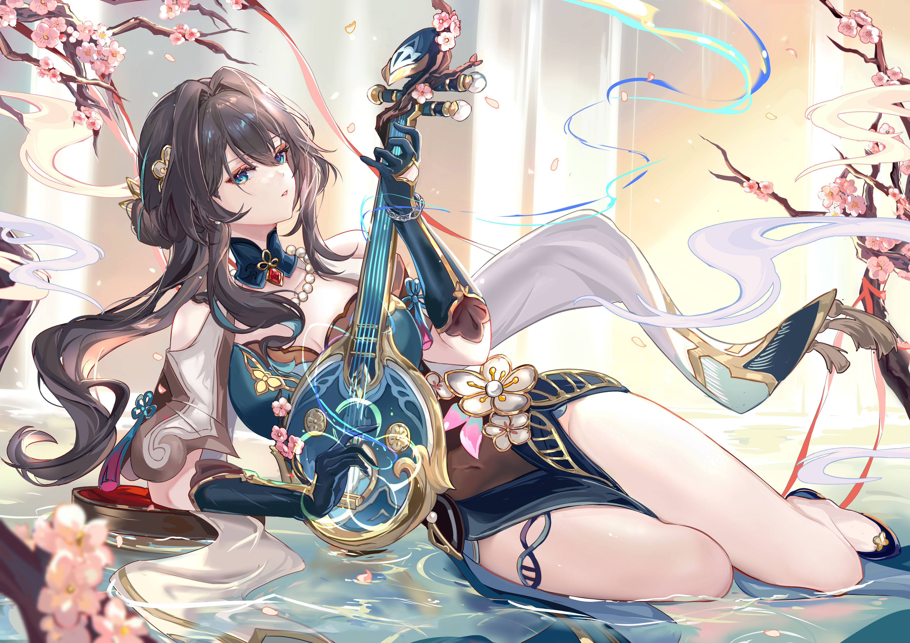 Anime 3507x2480 anime anime girls Ruan Mei (Honkai: Star Rail) Honkai: Star Rail Vardan lying down lying on side musical instrument thighs long hair brunette hair between eyes blue eyes water shallow water branch flowers legs bent legs bare shoulders gloves sunlight petals parted lips pearl necklace necklace guitar leg garter wet looking at viewer