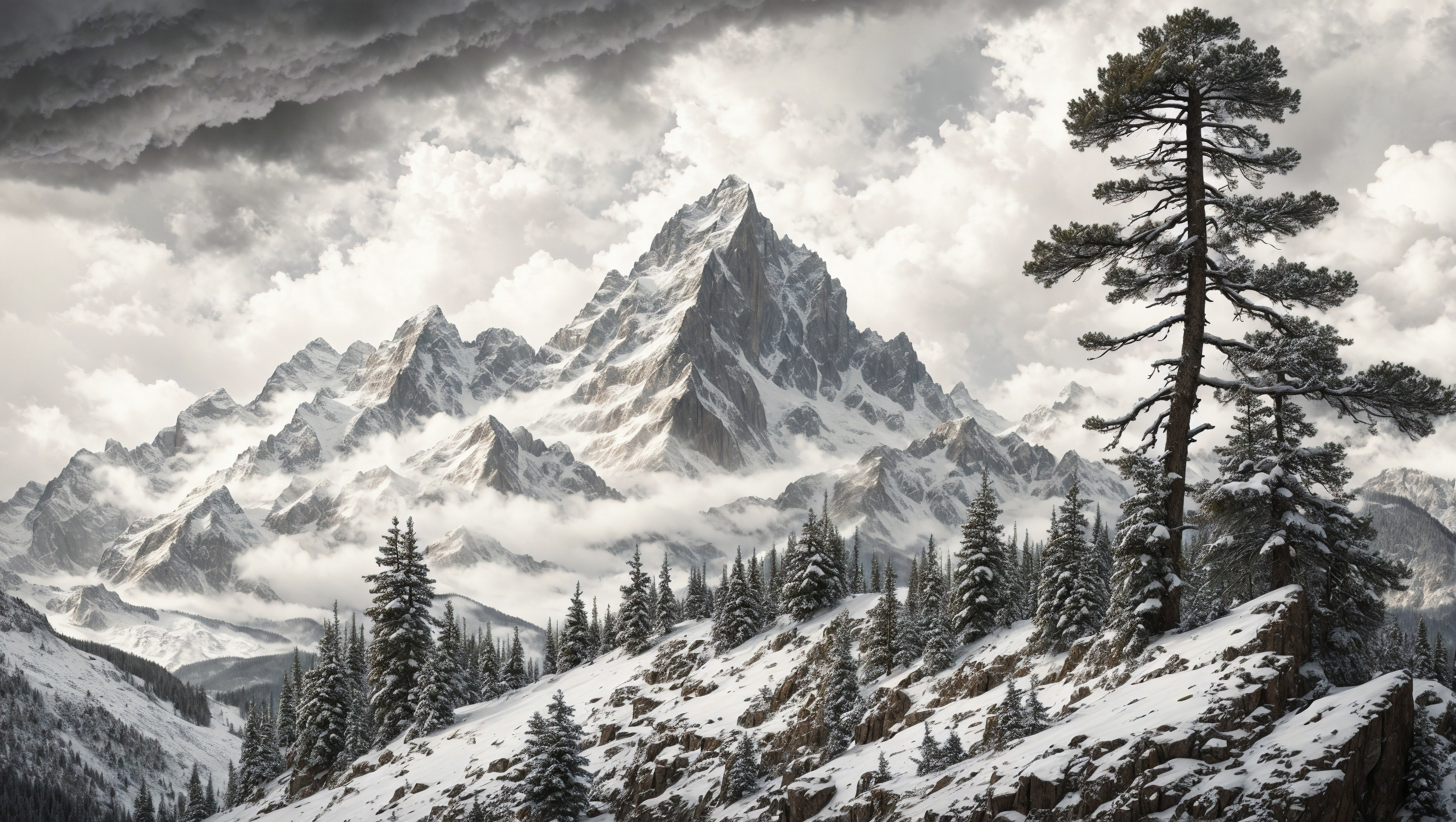 General 4080x2304 AI art digital art digital painting landscape mountains fir-tree trees snow storm nature snow covered outdoors mist sky clouds