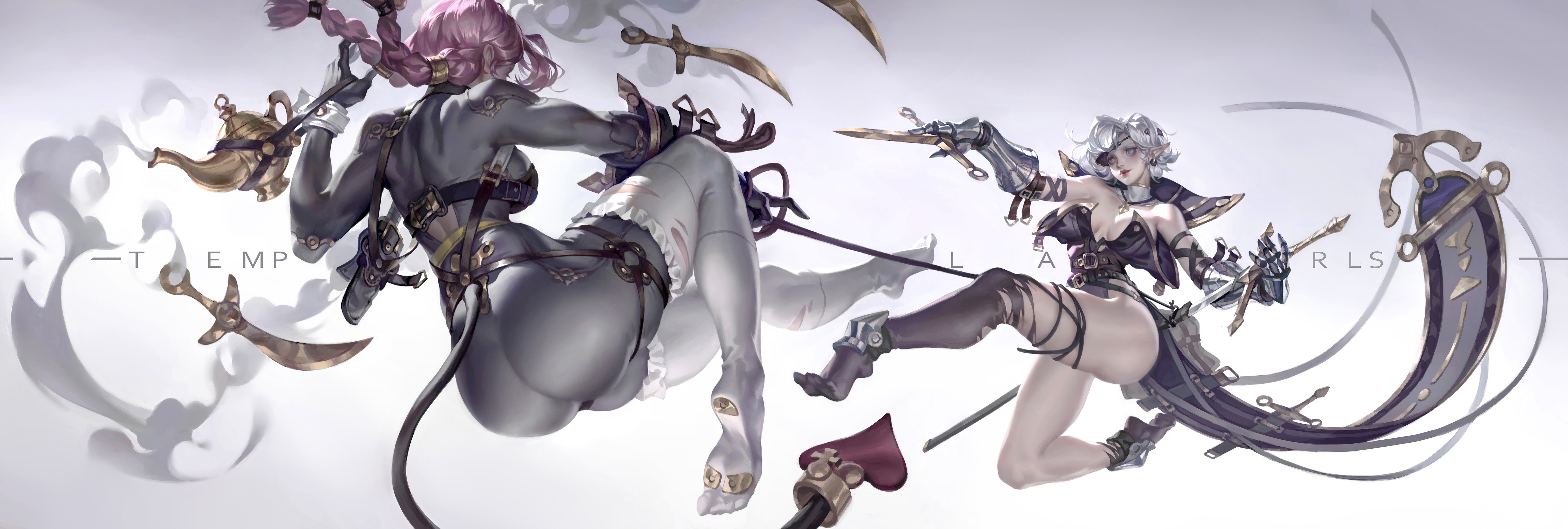 General 7000x2362 TEMPLARLS illustration simple background ass pointy ears bent legs fantasy girl fantasy art gloves bare shoulders sword women with swords parted lips short hair twintails long hair pointed toes white hair dual wield