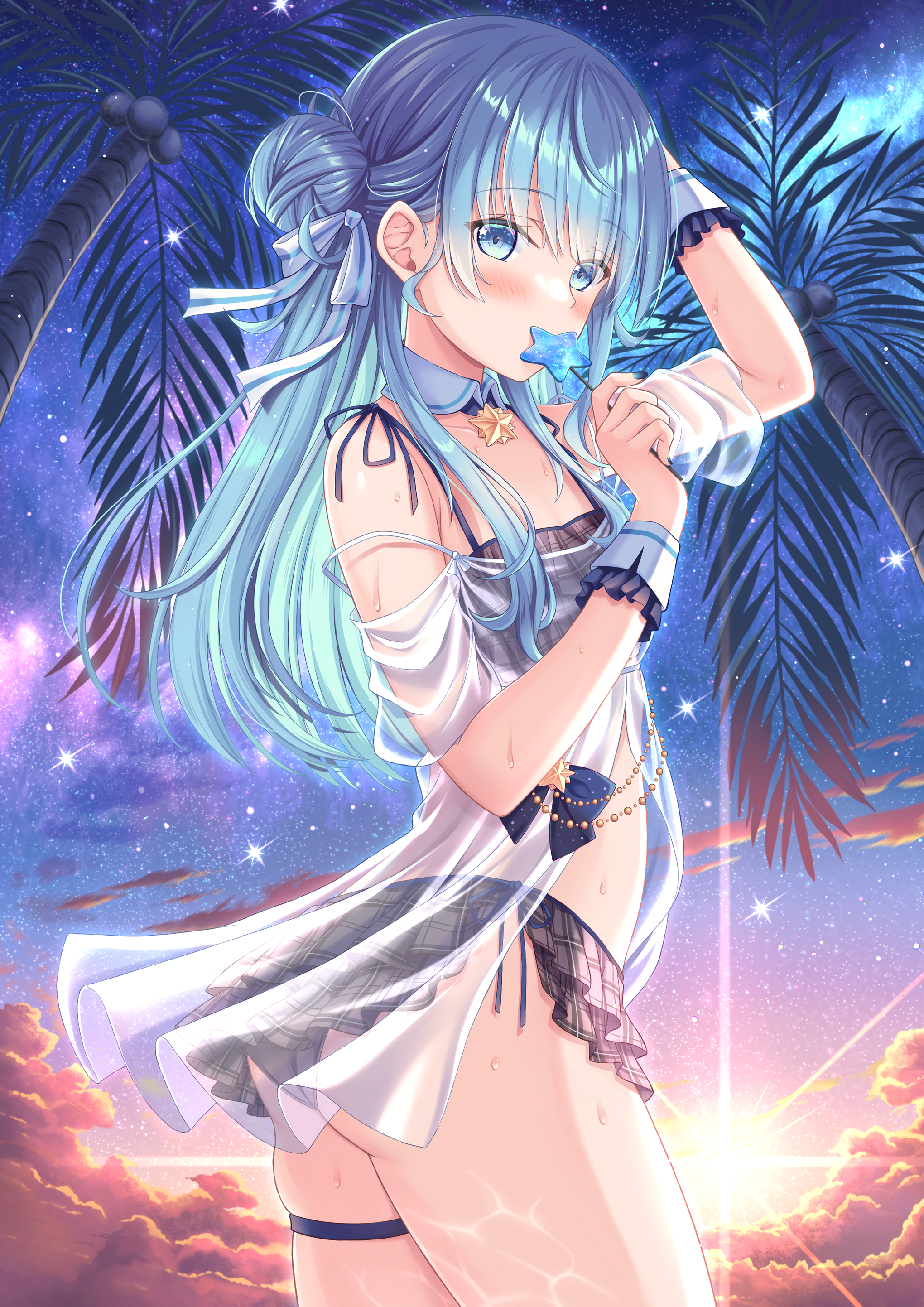 Anime 2040x2885 anime anime girls portrait display long hair looking at viewer blushing sunset sunset glow palm trees sunlight covering mouth candy outdoors women outdoors plaid Virtual Youtuber lollipop standing ass clouds Sun signature watermarked JunYuriJp jewelry bikini wet wet body Hoshimachi Suisei sky stars American shot hairbun starry night thigh strap gradient
