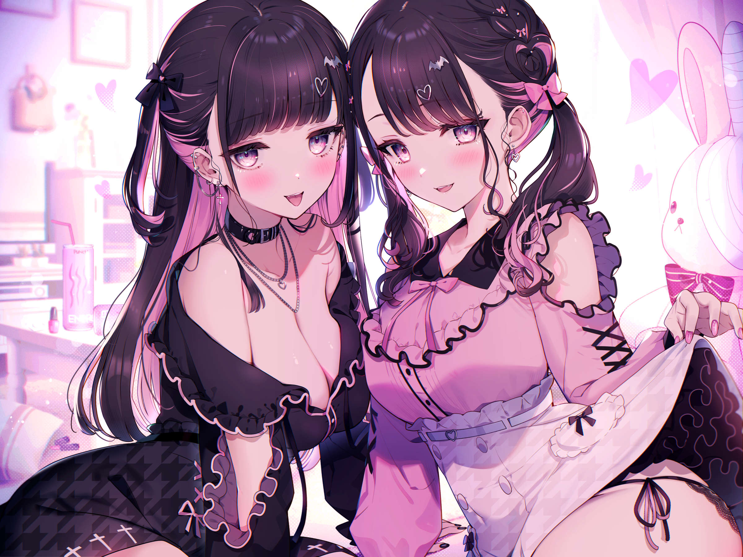 Anime 2400x1800 anime girls two women looking at viewer choker two tone hair open mouth tongue out black panties lifting skirt black dress arm support hair ribbon hair ornament jewelry pink shirt white skirt women indoors heart plush toy string panties Cut (artist) open shirt purple eyes in bedroom nail polish huge breasts cleavage pierced ear bare shoulders indoors drinking straw drink can frills earring piercing tongues blunt bangs bangs