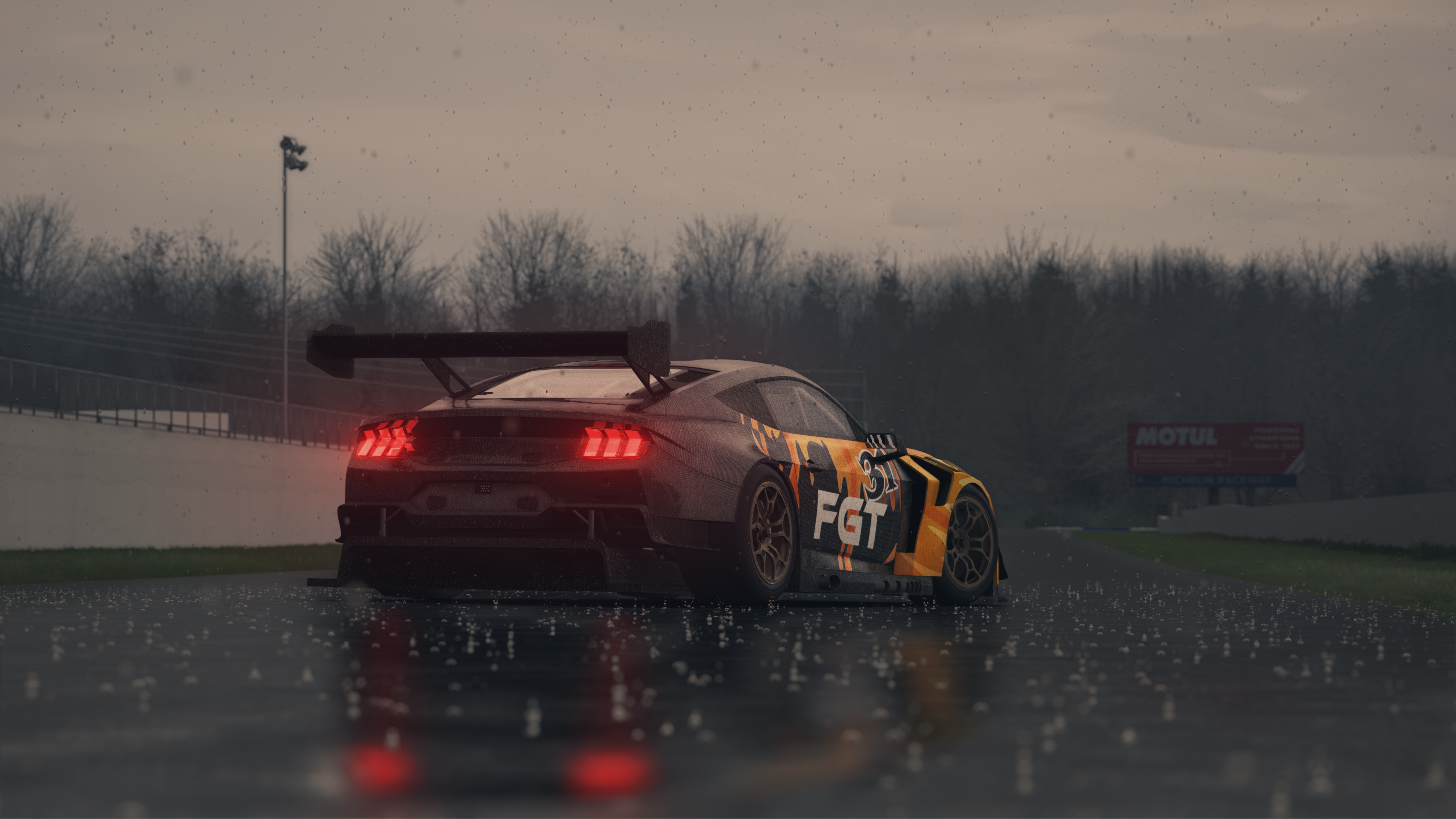 General 7680x4320 Rainydays Assetto Corsa Ford Mustang PC gaming video games digital art low light taillights video game art screen shot rear view reflection overcast wet car trees race tracks rain vehicle CGI