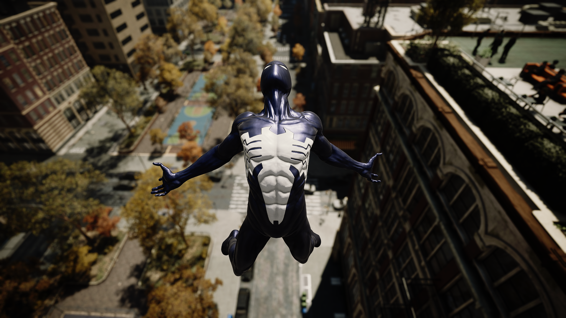 General 1920x1080 Spider-Man Remastered city Insomniac Games superhero Marvel Comics video games trees New York City bodysuit video game art screen shot video game characters CGI Amazing Spider-Man black building architecture abs