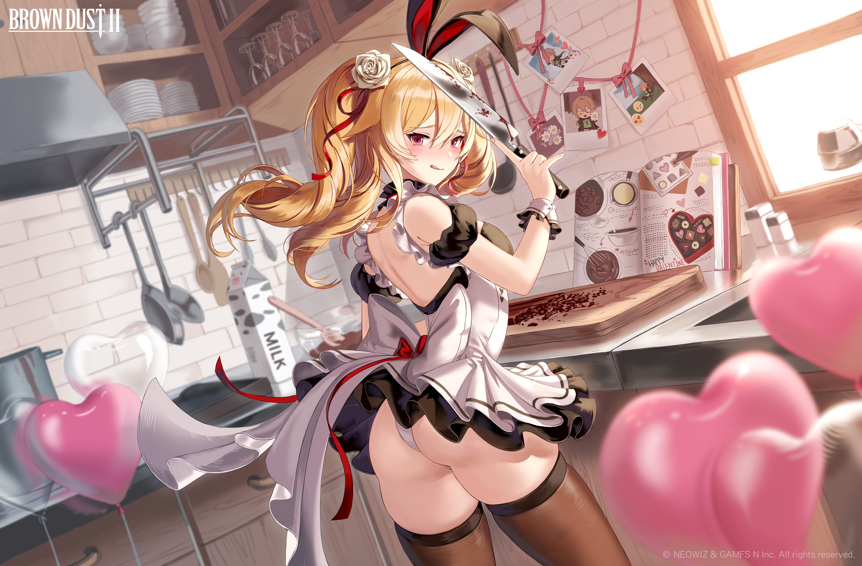 Anime 2840x1867 anime anime girls upskirt Brown Dust Liatris (Brown Dust) blonde looking over shoulder ass black stockings standing heart (design) kitchen looking at viewer long hair red eyes arched back watermarked smiling tongue out natural light window hair between eyes women indoors stockings milk knife frills bunny girl bunny ears books whisk glass pans (tool) Neowiz Games video game girls bright video games text
