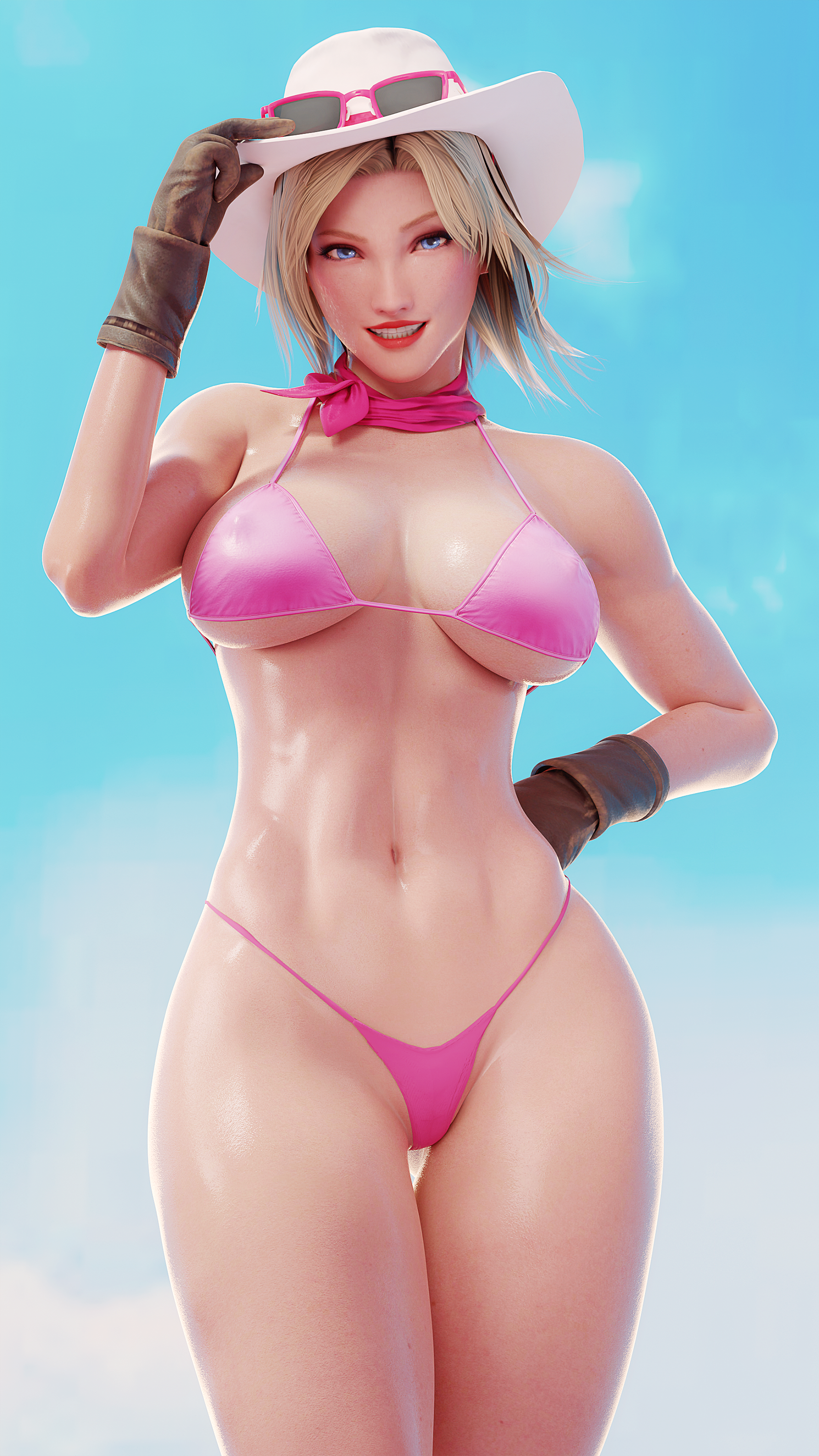 General 1688x3000 Tina Armstrong (Dead or Alive) Dead or Alive video games video game characters CGI fan art FUGTRUP video game girls standing digital art short hair parted lips gloves looking at viewer blonde women with hats bright blue eyes teeth hat bikini pink sunlight sunglasses skinny cow girl pink bikini wide hips choker portrait display smiling