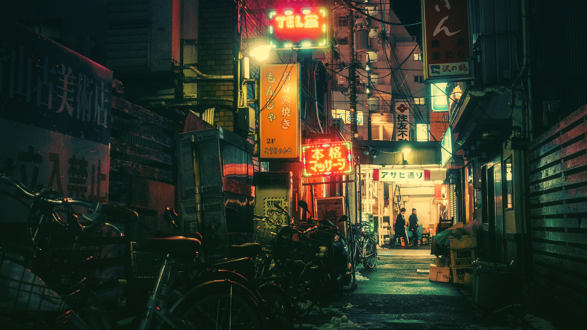 General 1920x1080 Tokyo night photography bicycle backstreet neon sign Japan low light sign kanji people Japanese building