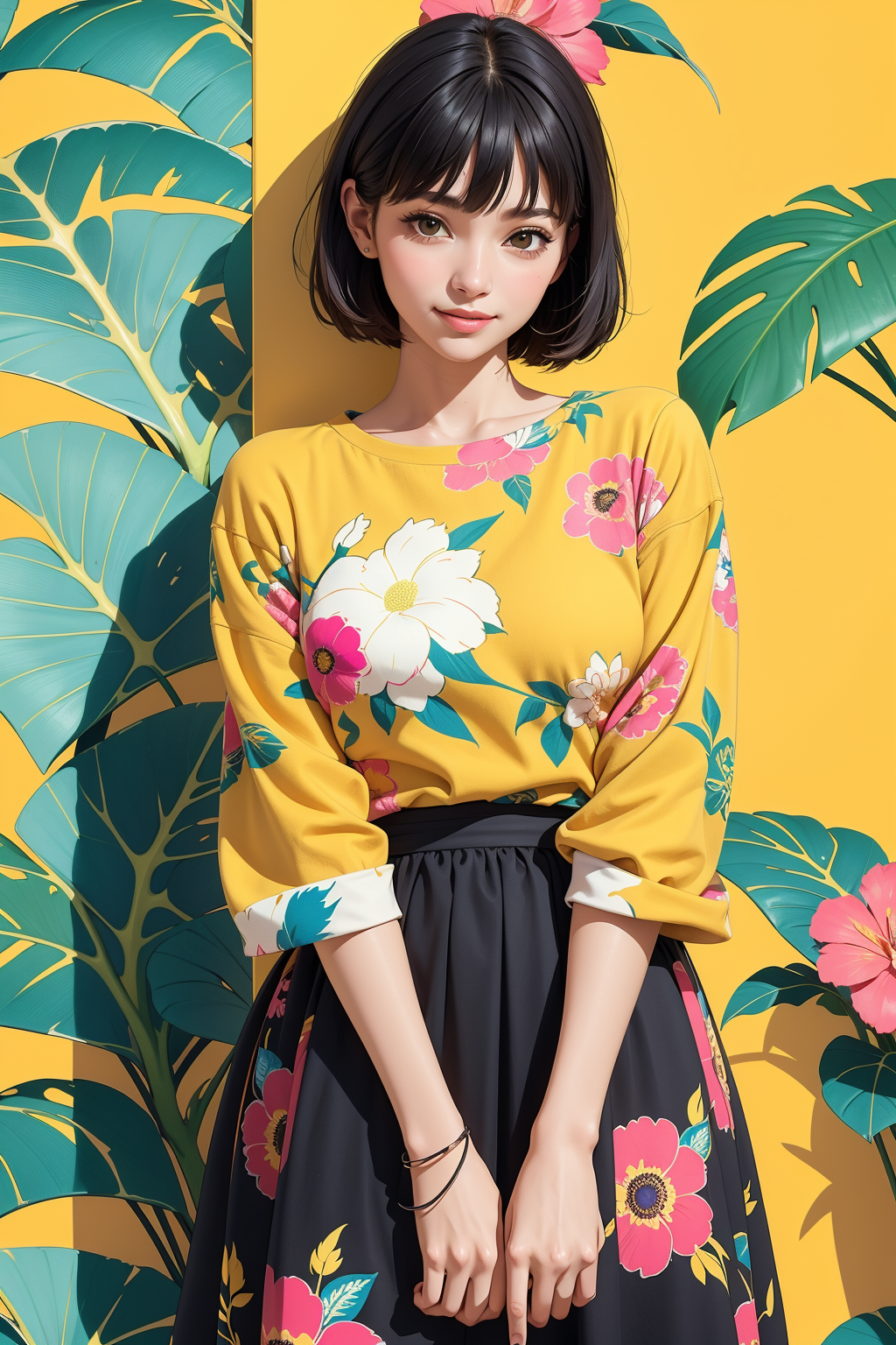 General 1024x1536 AI art flower dress standing women dress yellow shirt black skirts