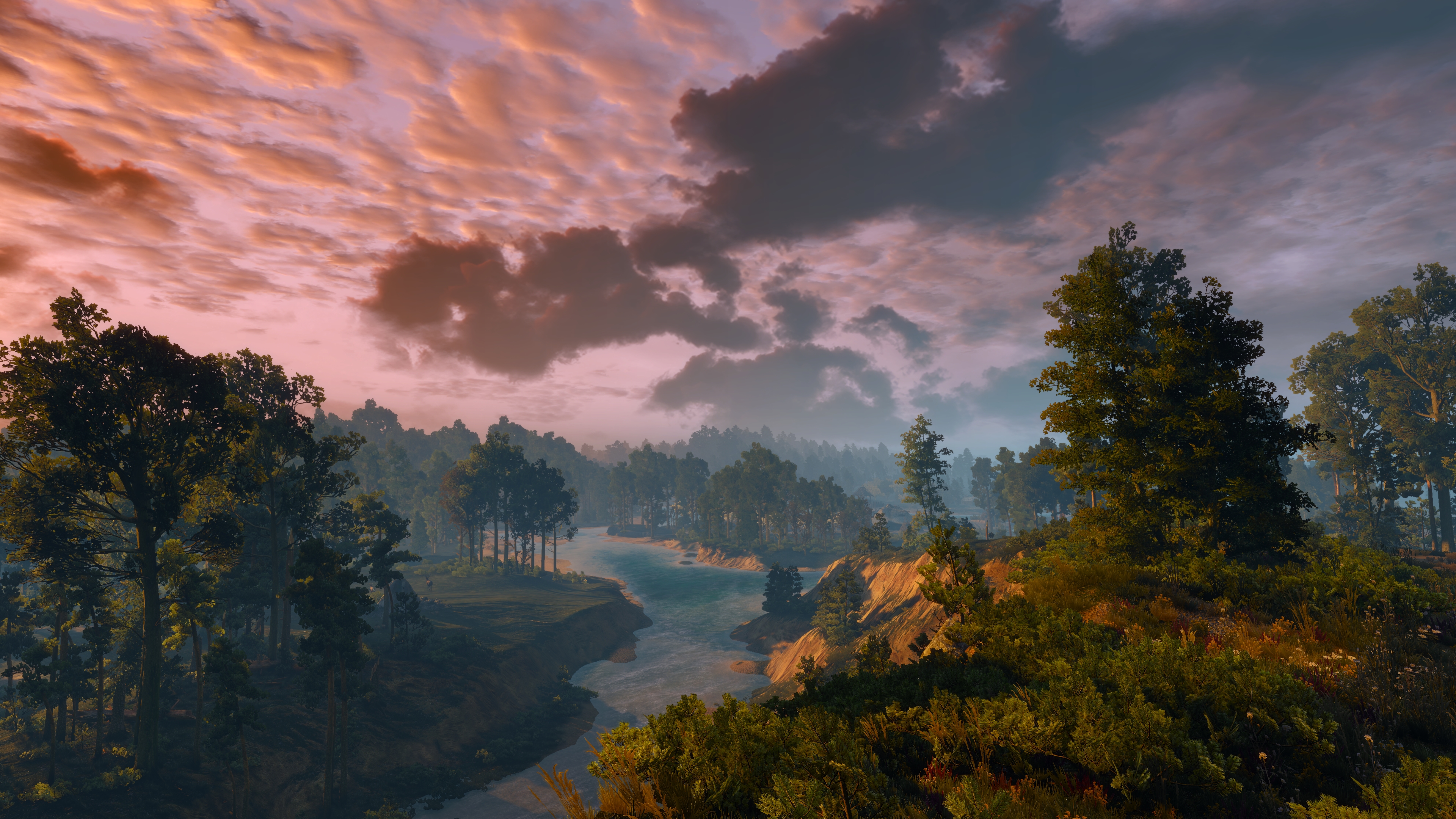 General 3840x2160 The Witcher 3: Wild Hunt screen shot PC gaming video game art digital art video games trees sky clouds sunlight water forest river sunset glow landscape CGI sunset nature