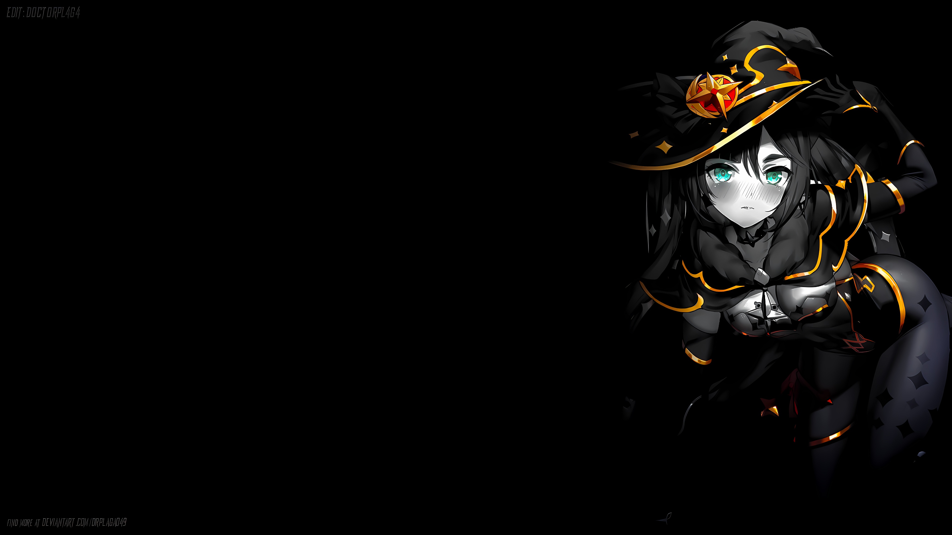 Anime 3840x2160 Mona (Genshin Impact) simple background anime dark background bent over Genshin Impact anime girls looking at viewer blushing witch hat closed mouth hair between eyes long hair