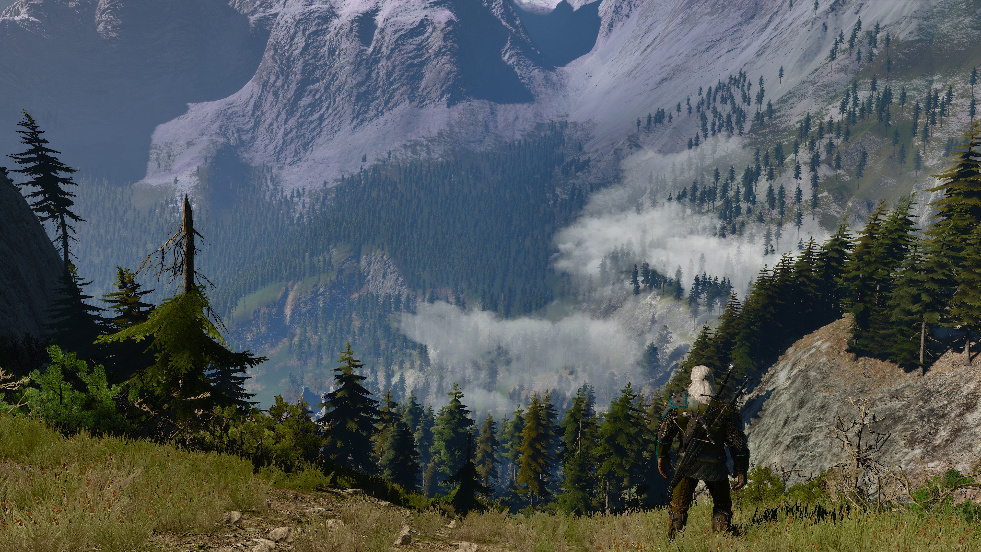 General 3840x2160 The Witcher 3: Wild Hunt screen shot PC gaming mountains Kaer Morhen video game art standing video game characters CGI video games landscape mist trees forest sword men with swords video game men grass looking into the distance looking away white hair