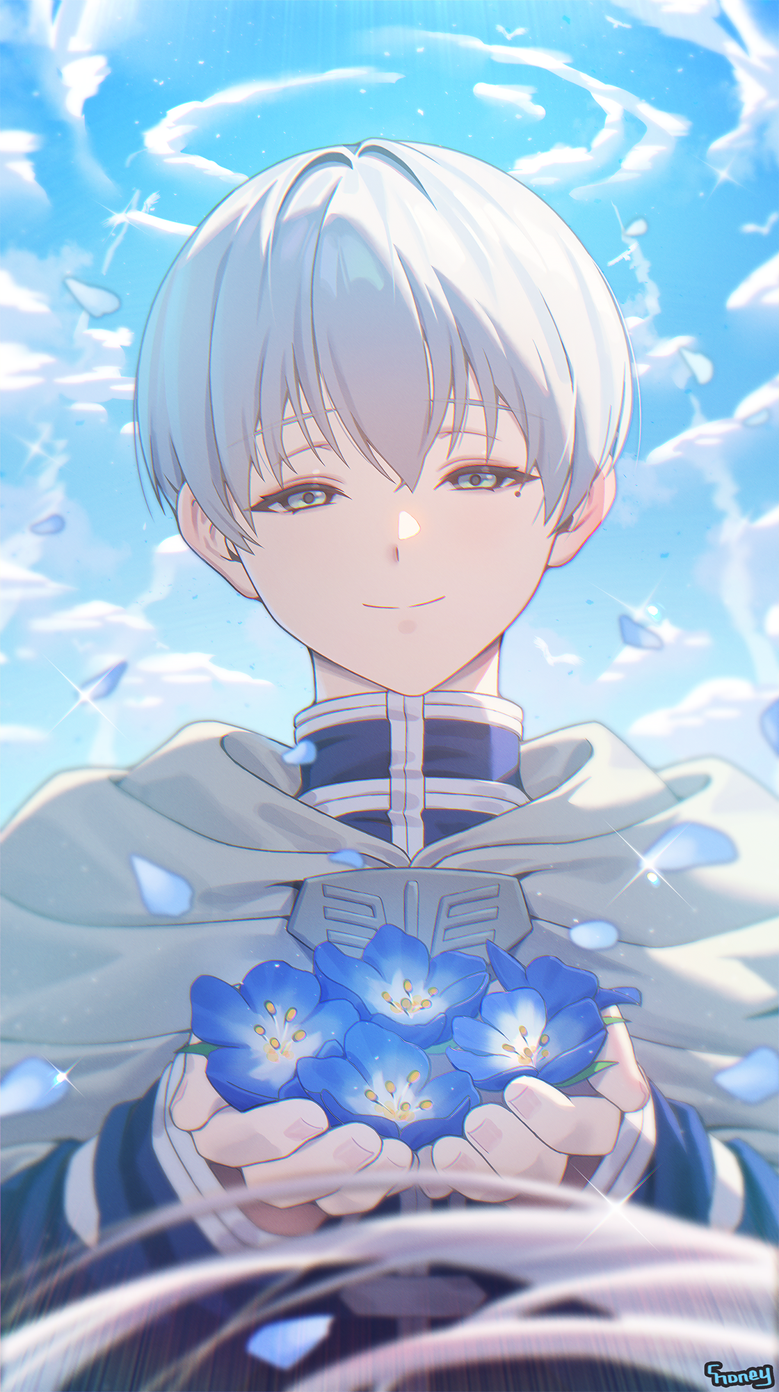 Anime 1120x2000 Sousou No Frieren clouds portrait display flowers Himmel (Sousou no Frieren) blue flowers smiling mole under eye petals looking at viewer cape Choney closed mouth light blue eyes moles long sleeves windy anime boys signature hair between eyes sky