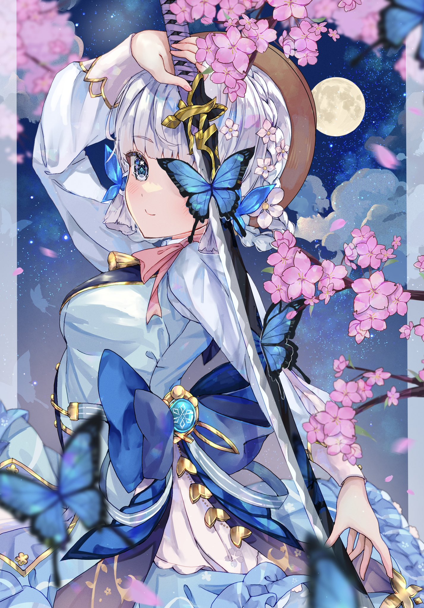 Anime 1428x2048 Genshin Impact butterfly portrait display weapon Kamisato Ayaka (Genshin Impact) one eye obstructed Moon looking at viewer petals cherry blossom katana starred sky starry night long sleeves full moon blue butterflies smiling blue eyes white hair Isuzu (artist) clouds sky stars night sword women with swords anime girls anime hair tubes short hair