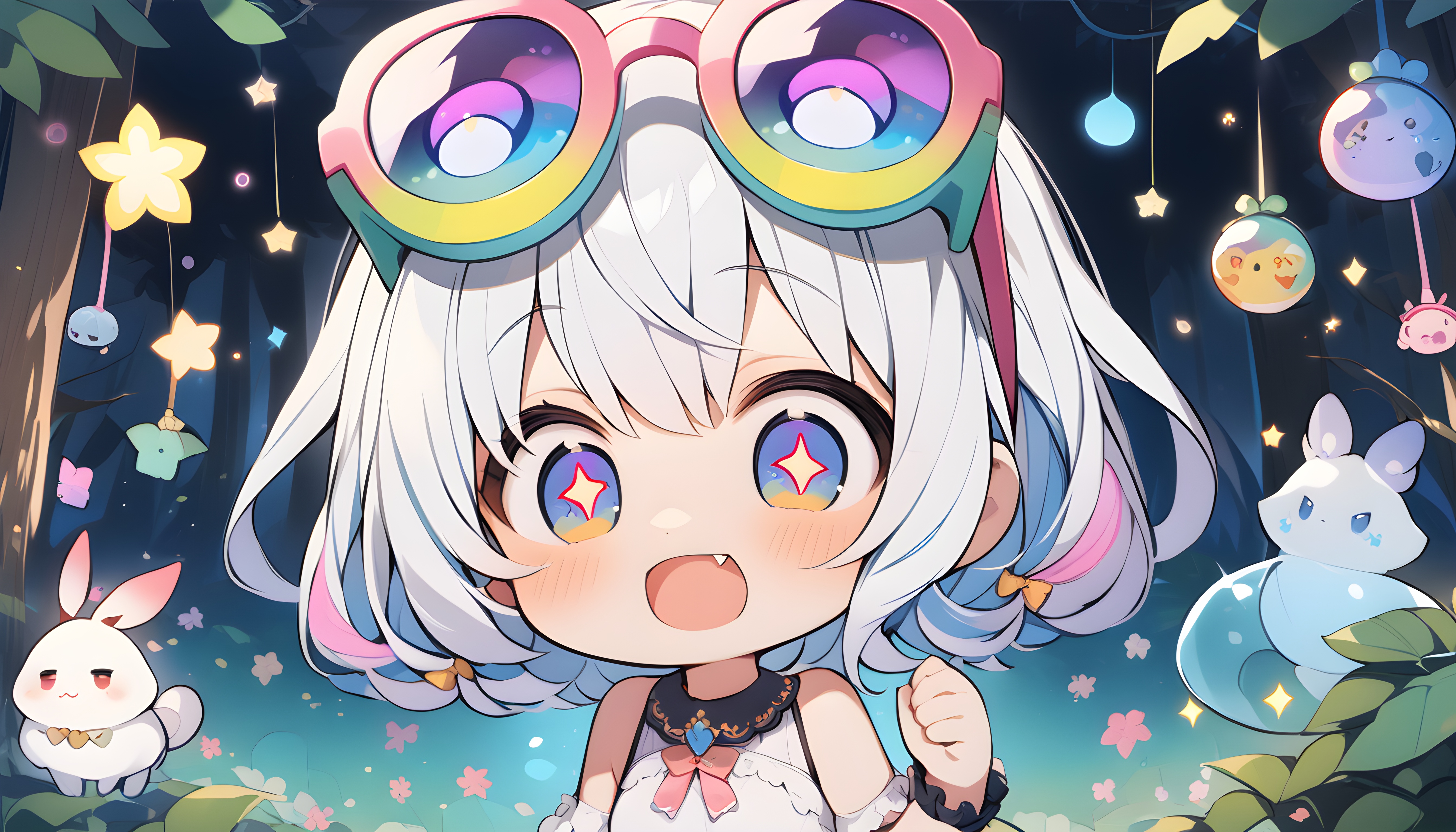 Anime 5376x3072 anime girls AI art chibi symbol-shaped pupils looking at viewer blushing open mouth short hair bare shoulders rabbits animals leaves sunglasses stars multi-colored hair trees hair between eyes smiling