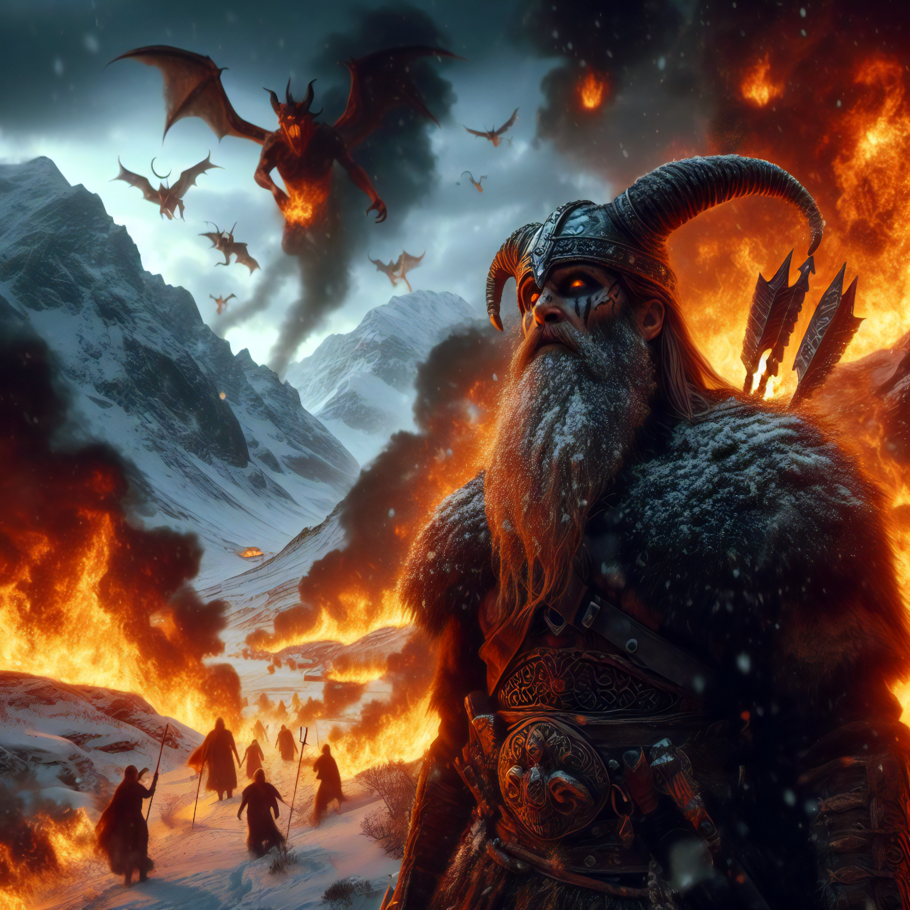 General 2958x2958 AI art vikings Norse mythology norse Ragnarok devil sky creature glowing eyes beard men helmet horns men outdoors snowy mountain smoke mountains closed mouth fire snow armor fur snow covered looking away standing