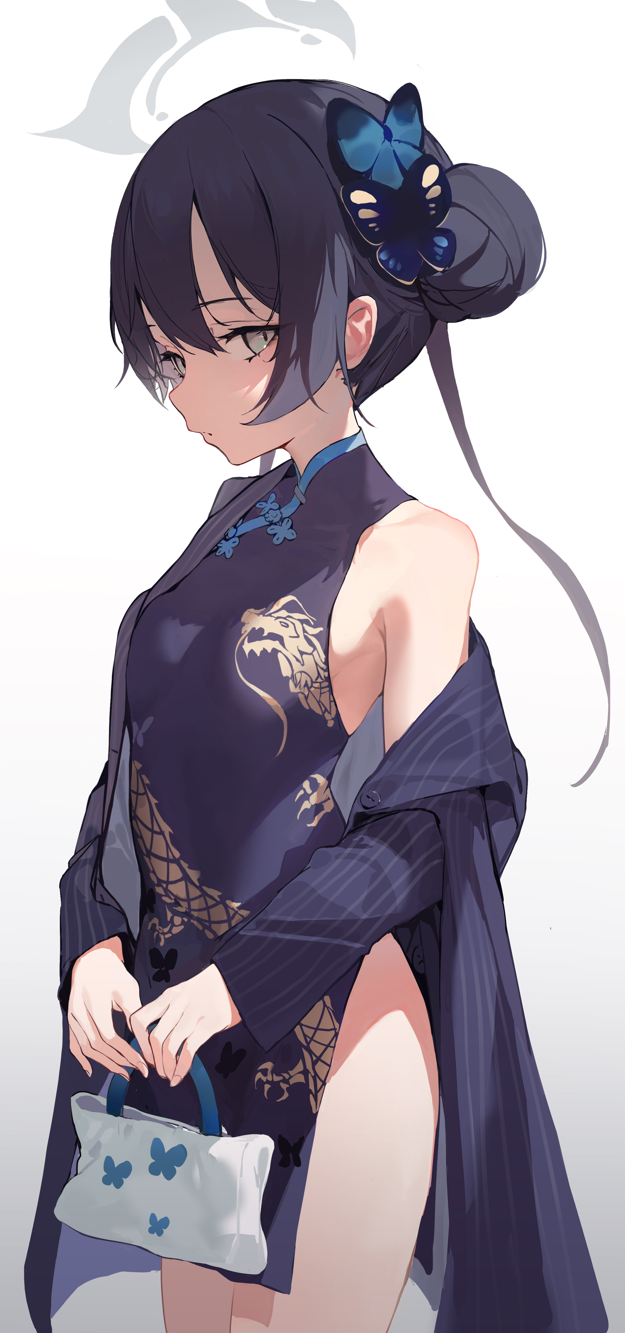Anime 2162x4610 Blue Archive anime girls anime portrait display shenqi de (9) off shoulder one bare shoulder legs looking at viewer hairbun hair ornament purse simple background bright white background standing Chinese clothing hips closed mouth dark hair looking sideways skinny small boobs slim body long hair