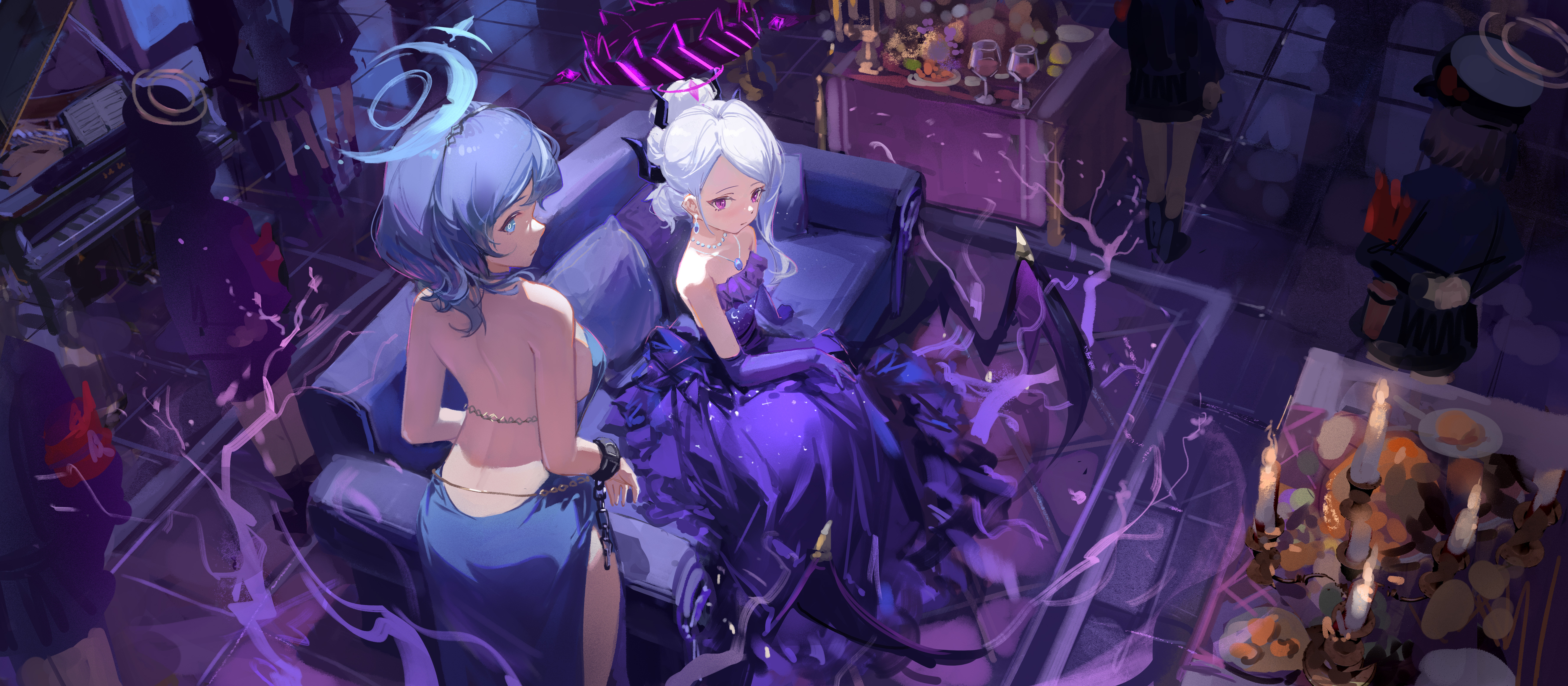 Anime 5304x2319 anime girls MEInoss Sorasaki Hina (Blue Archive) Amau Ako (Blue Archive) Blue Archive anime looking at viewer dress couch elbow gloves gloves backless dress candles horns fire blue hair blue eyes white hair purple eyes necklace closed mouth pearl necklace piano musical instrument wine drinking glass standing wings