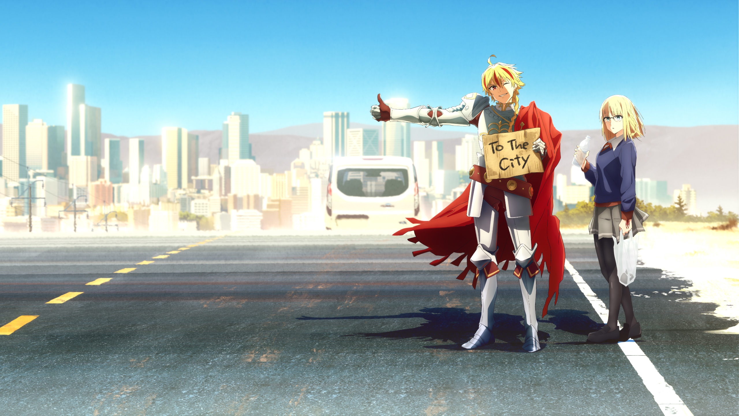 Anime 2560x1440 Fate/strange Fake anime Fate series anime girls looking at viewer city Saber (Fate/strange Fake) Sajyou Ayaka (Fate/strange Fake) two tone hair short hair sunlight vehicle sky standing armor cape road bag sign thumbs up one eye closed wink hair between eyes ahoge glasses women with glasses water bottle smiling anime boys