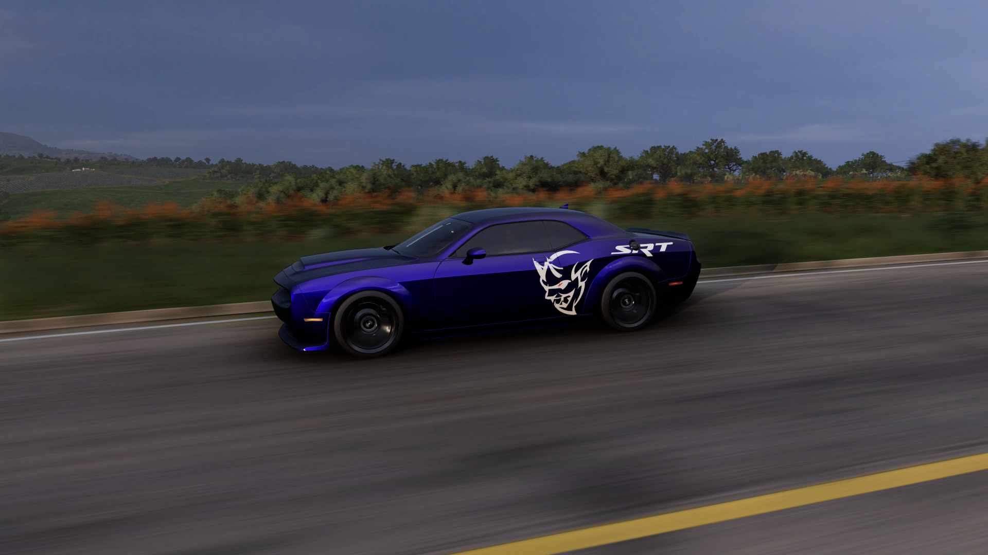 General 1920x1080 Dodge Challenger Forza Horizon 5 car Dodge muscle cars American cars Stellantis PlaygroundGames road video games blurred motion blur side view vehicle video game art sky trees CGI driving
