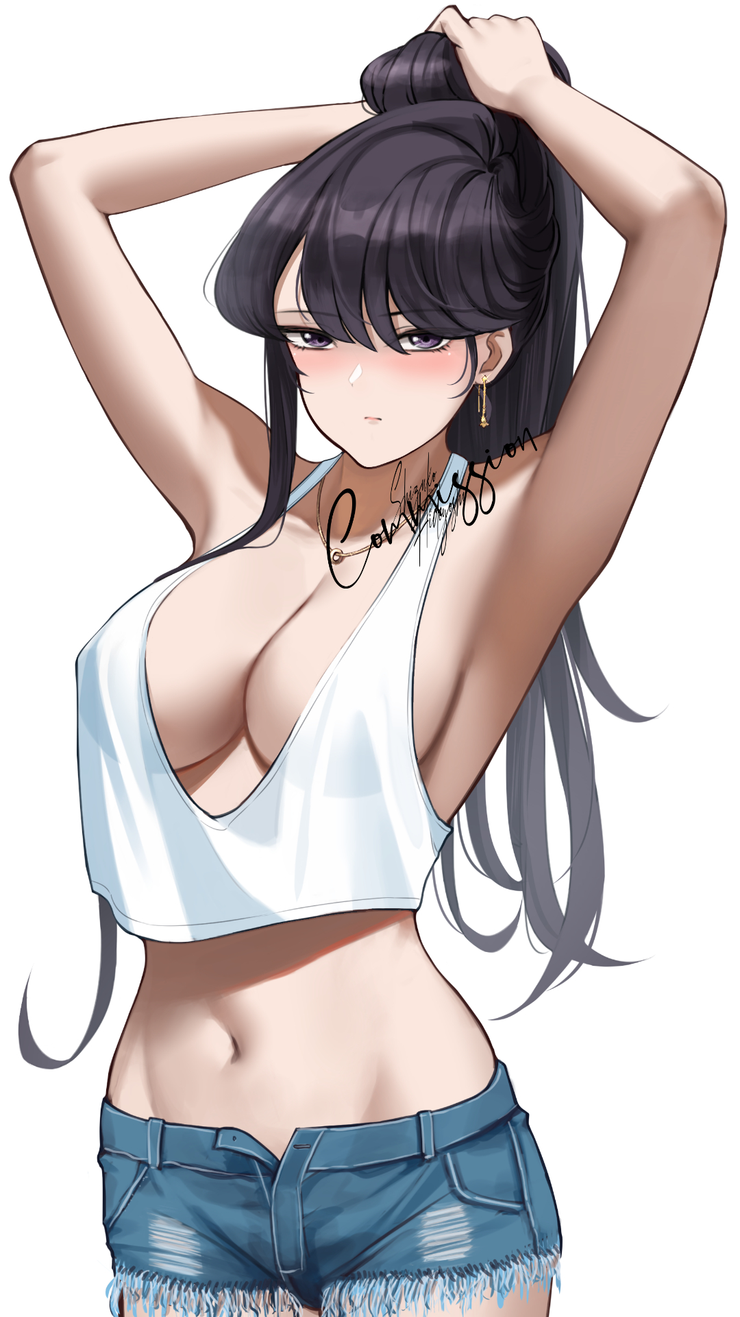 Anime 1080x1920 Komi-san wa, Comyushou desu. cleavage tank top short shorts loose clothing arms up hand(s) on head simple background boobs jean shorts nipple bulge white background armpits belly button unzipped Komi Shouko anime girls shizuko hideyoshi standing bright hands in hair closed mouth earring necklace collarbone sideboob white tops open shorts nopan portrait display signature