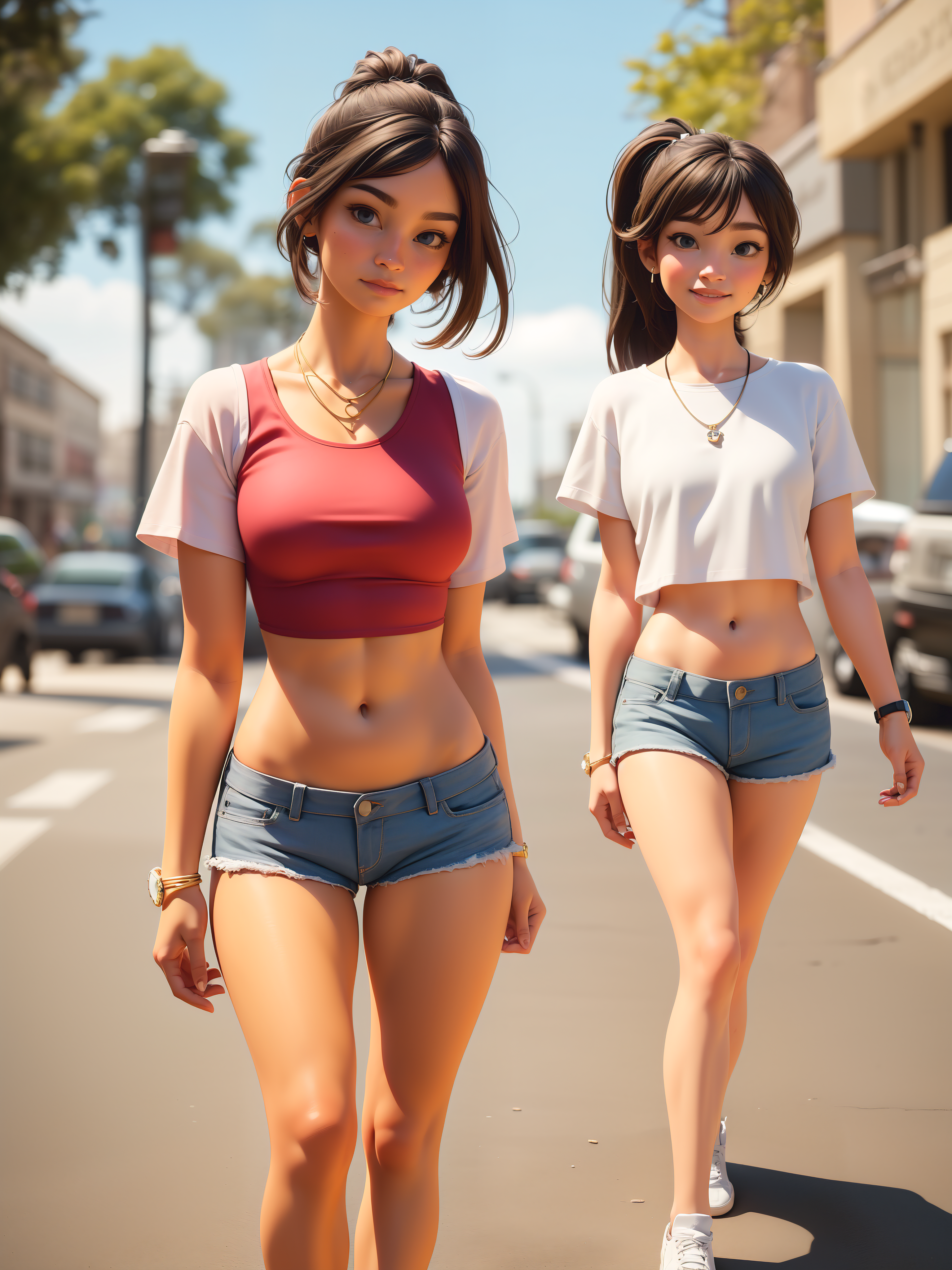 General 3072x4096 brunette blue eyes AI art short shorts tank top short sleeves portrait display standing juicy lips women outdoors long hair parted lips skinny belly street looking at viewer shorts natural light jean shorts sunlight ponytail car women
