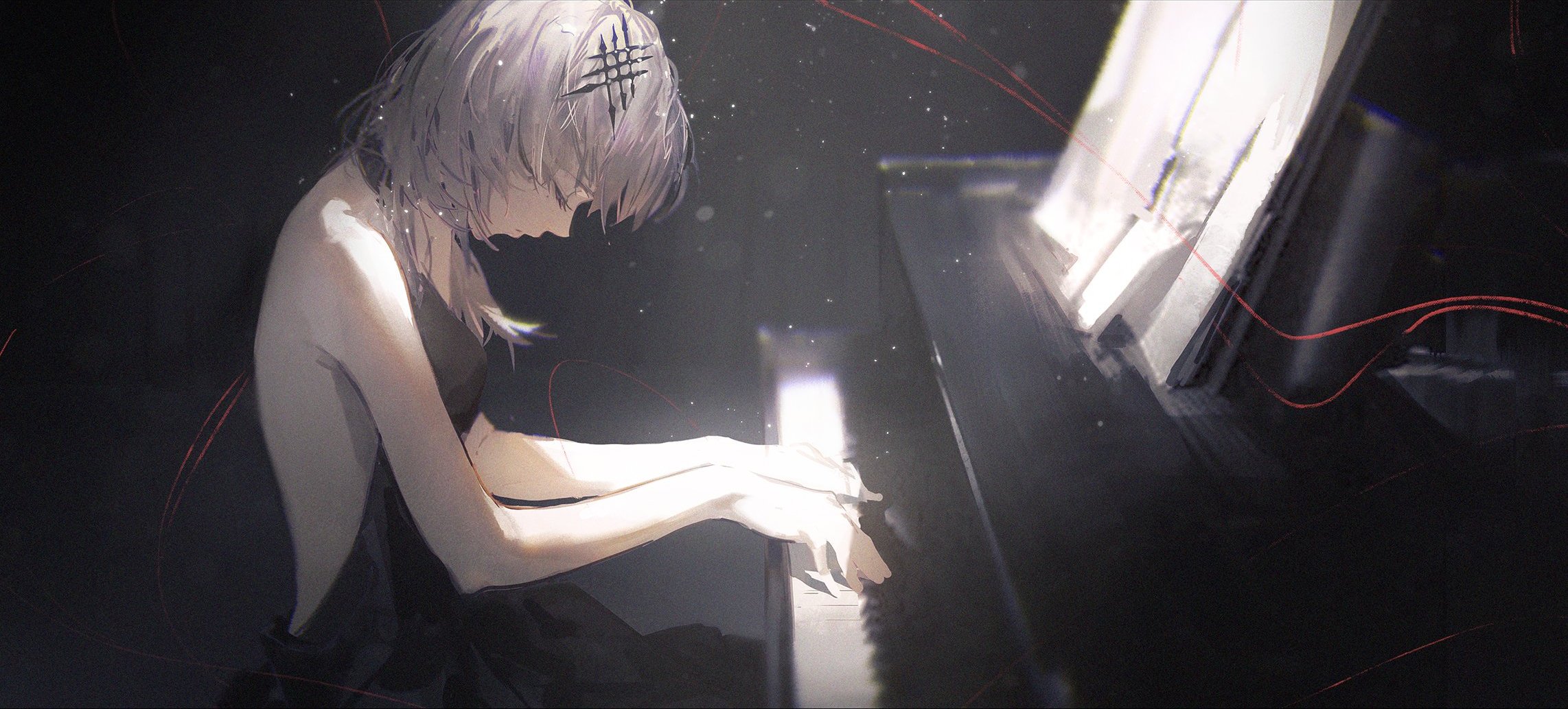 Anime 2284x1034 anime anime girls Shiori Novella Hololive Dino Art Virtual Youtuber musical instrument piano closed eyes backless dress short hair black dress simple background dress strings mole under eye moles bare shoulders Hololive English gray hair closed mouth music
