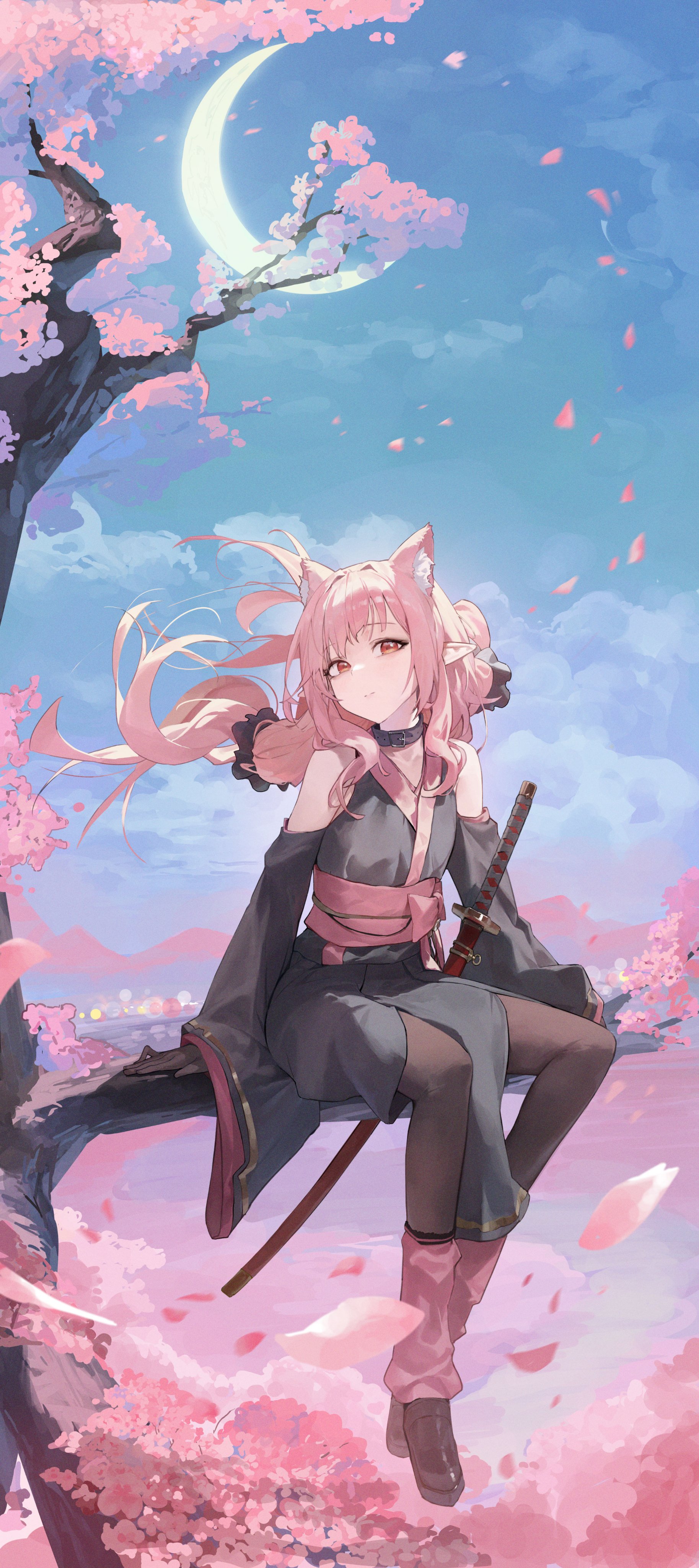 Anime 1827x4096 original characters petals portrait display pink hair crescent moon long hair red eyes cherry blossom pink flowers sidelocks sitting women outdoors mac_star animal ears black pantyhose kimono detached sleeves Moon pointy ears long sleeves looking at viewer weapon sky windy branch trees clouds sword katana collar sash