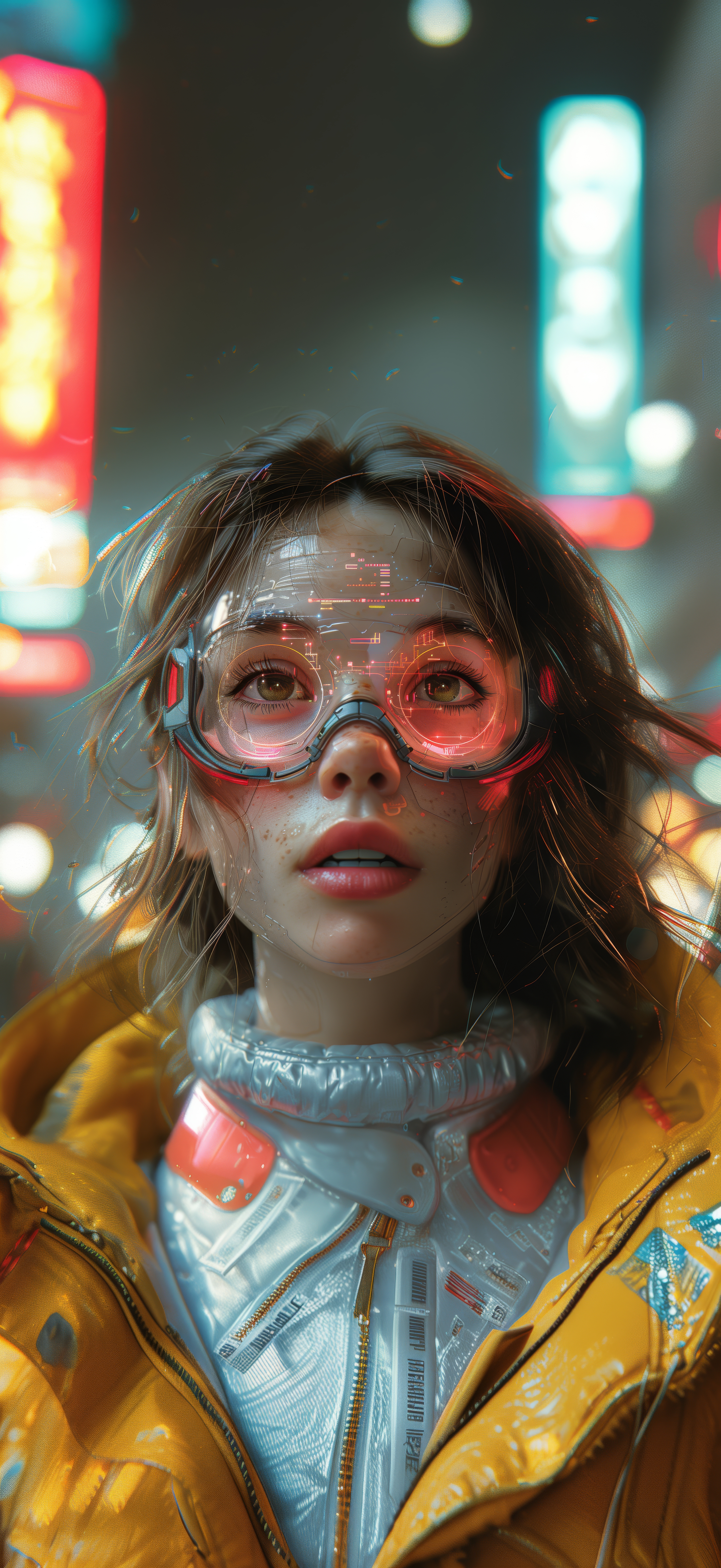 General 2944x6400 AI art portrait display neon cyberpunk women bokeh glasses HUD city yellow jacket