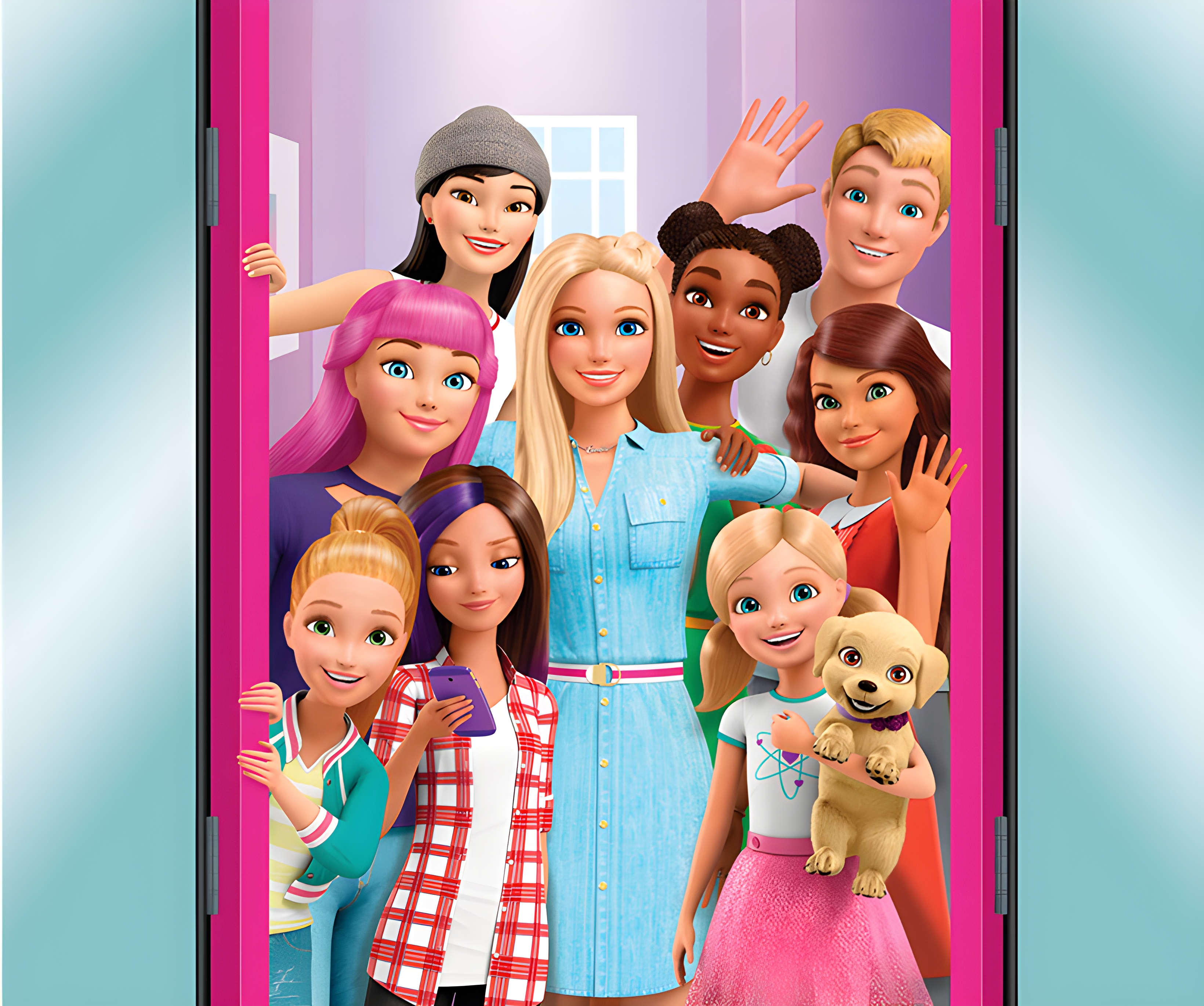General 3280x2740 poster Barbie Barbie Dreamhouse Adventures character design  digital art looking at viewer waving women short sleeves long sleeves parted lips men dog animals phone holding phone long hair closed mouth smiling women with hats hat