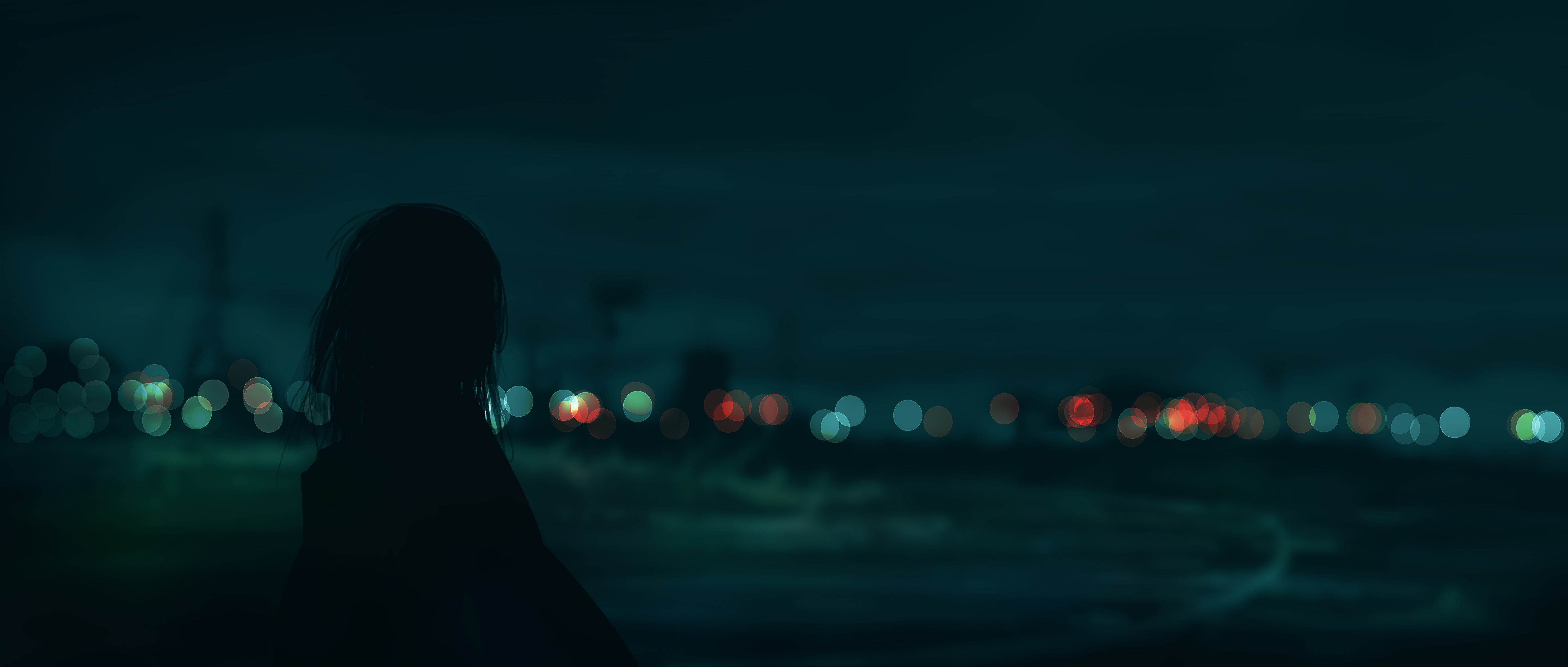Anime 5640x2400 anime anime girls landscape blurred blurry background bokeh silhouette Gracile looking into the distance night city lights city