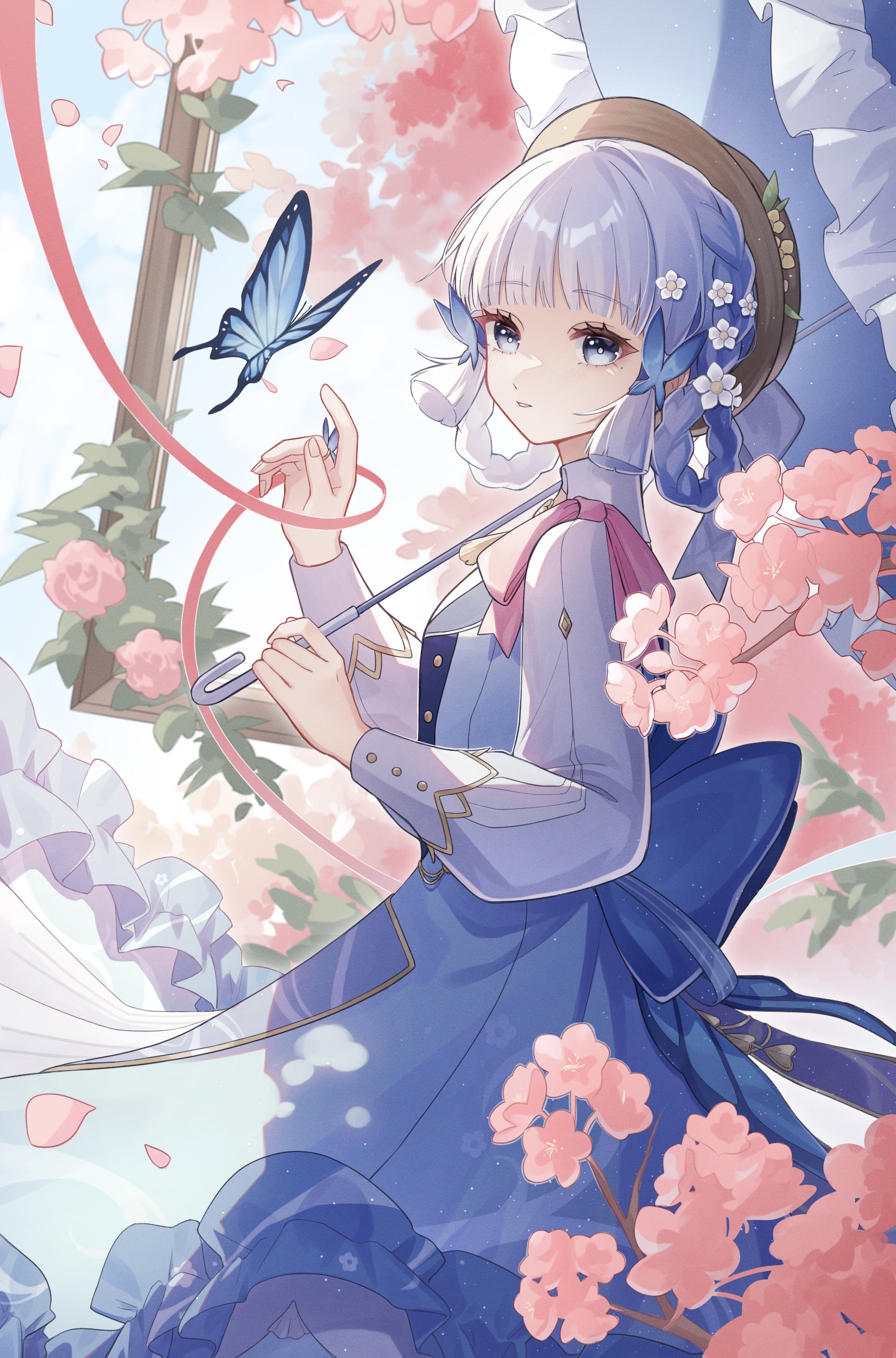 Anime 1650x2500 Genshin Impact umbrella portrait display butterfly Kamisato Ayaka (Genshin Impact) looking at viewer flowers long sleeves blue eyes cherry blossom petals looking back blue dress light blue hair pink ribbon flower in hair parted lips picture frames blue hair mole under eye leaves Nemukunai87 smiling sky clouds moles anime anime girls